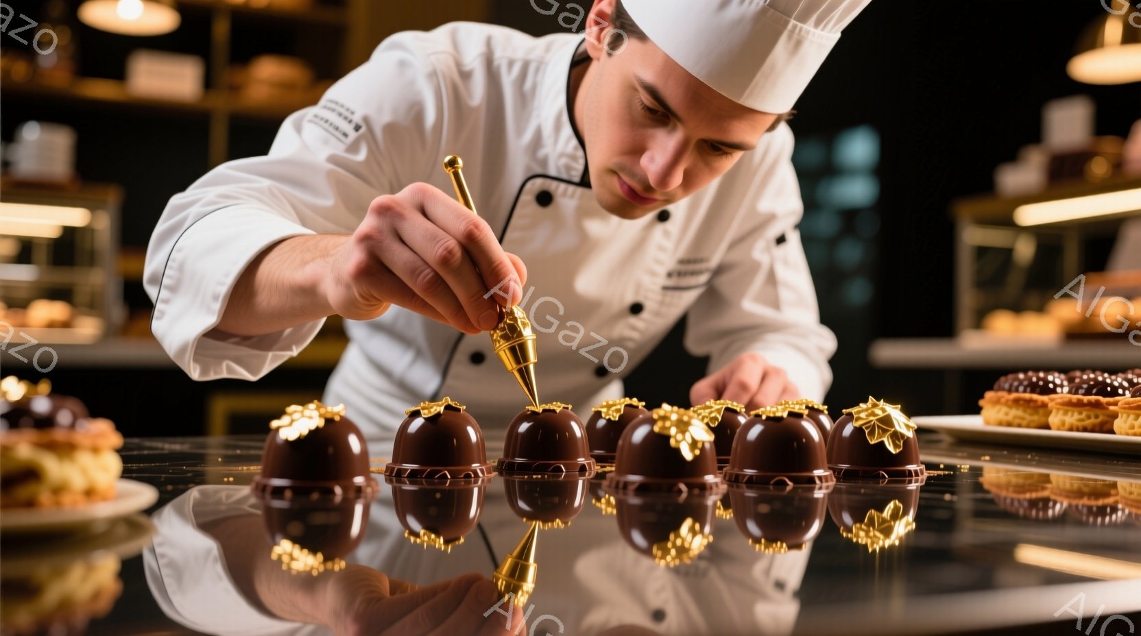 プロのパティシエが、チョコレート製の美しいドーム状のスイーツに金色の装飾を施している様子が写っている。彼は白のコックコートと帽子を着用し、真剣な表情で細部に集中している。背景には、洗練されたケーキやショーケースがぼやけ、高級感のあるパティスリーの雰囲気が漂っている。