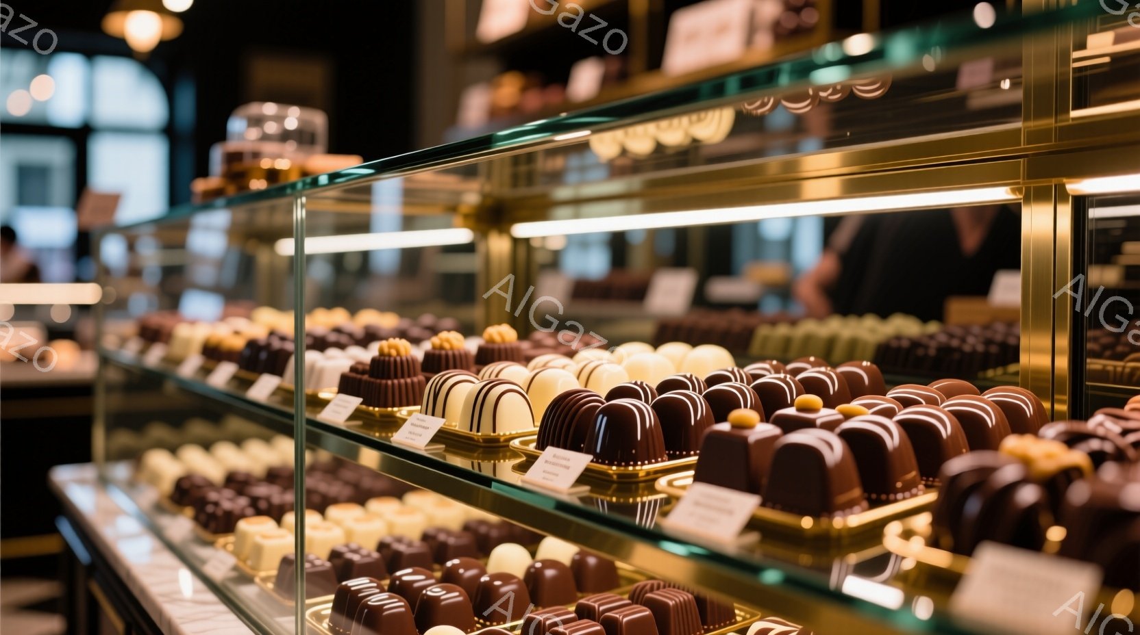 ショーケースの中に様々な種類のチョコレート菓子が整然と並べられています。茶色、白、ゴールドの色合いが美しく、それぞれが丁寧に作られたことがわかります。照明がチョコレートの表面を照らし、高級感と美味しさ - AI生成フリー素材