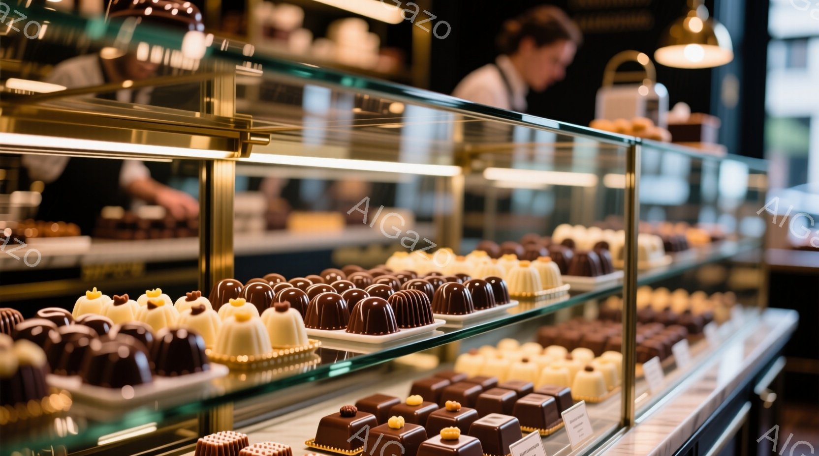 ショーケースには、様々なチョコレート菓子が整然と並べられています。背景には、黒い制服を着た女性がぼんやりと見え、店舗の落ち着いた雰囲気を醸し出しています。暖色系の照明と、洗練された菓子の配置が、上品で贅沢な空間を作り出しています。