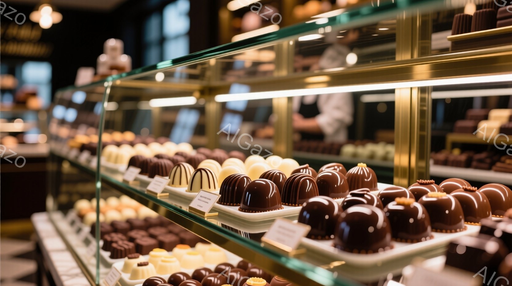 チョコレート専門店の一角が写っており、ショーケースには様々な色と形のチョコレートが整然と並んでいます。茶色、白、金色のチョコレートが光沢を持って輝き、上品で洗練された雰囲気を醸し出しています。背景には - AI生成フリー素材