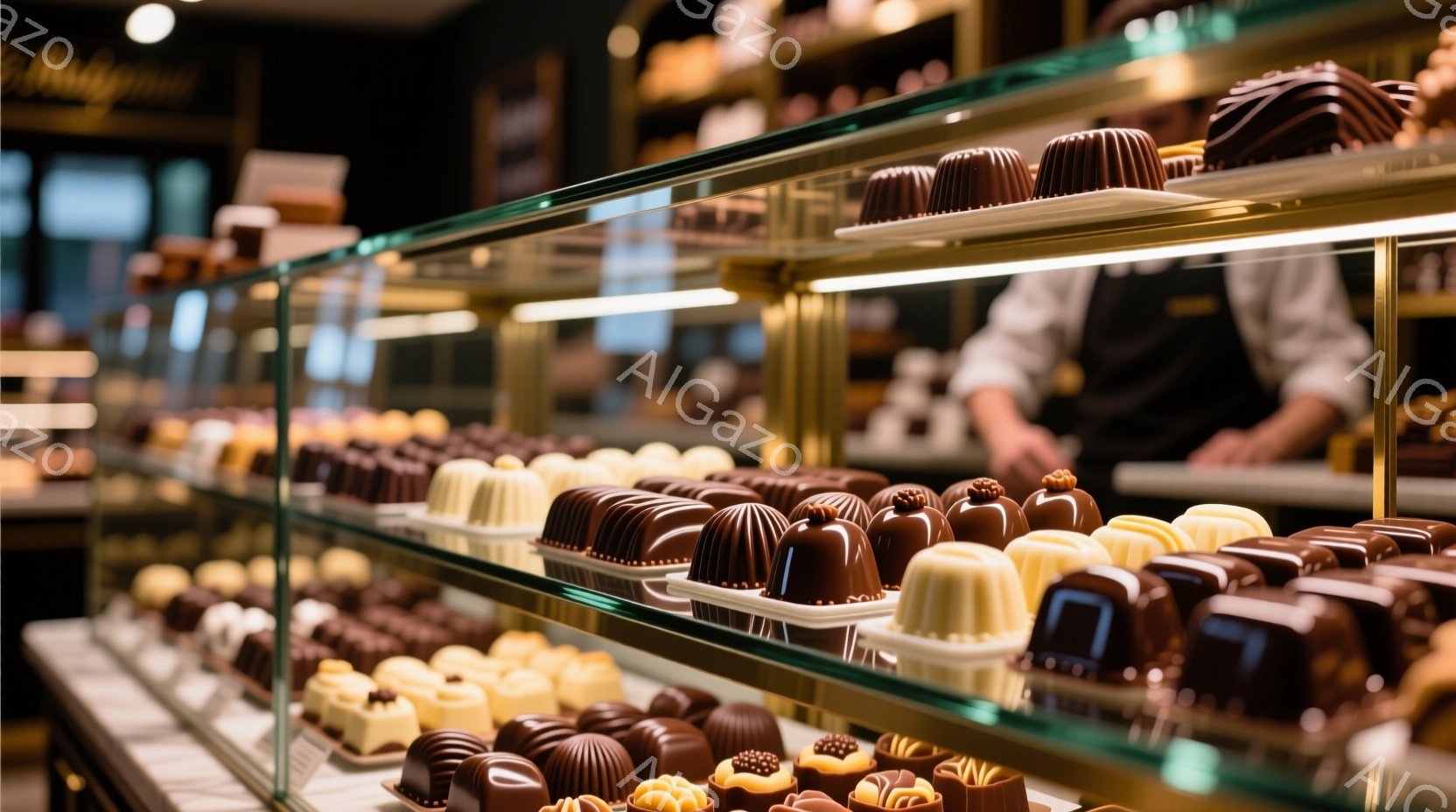 ショーケースには、さまざまな種類のチョコレート菓子が整然と並べられています。チョコレートは、濃い茶色、ミルクチョコレート、そして白チョコレートの色合いで、それぞれ美しい形をしています。背景にはぼんやりと作業着を着た人物が見え、高級感のある店内の雰囲気が漂っています。