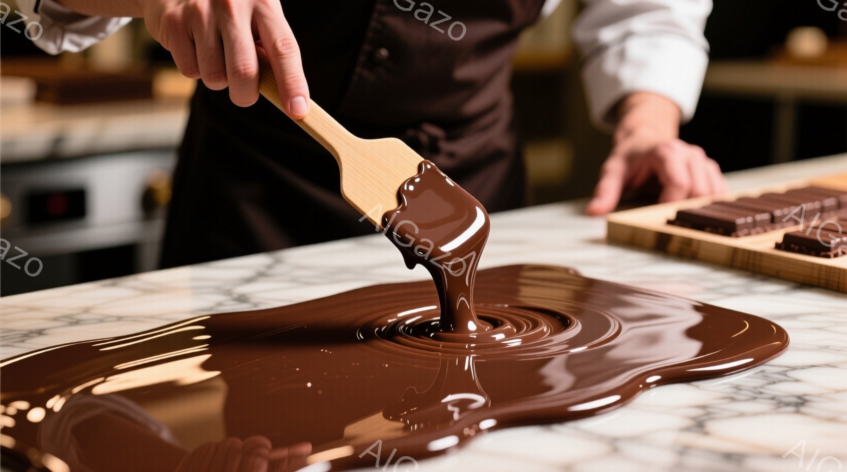滑らかなチョコレートが、大理石のカウンターの上で木製のスパチュラから流れ落ちています。背景には、チョコレートのブロックが並んだ木製のトレイと、ぼやけた厨房の様子が見えます。全体的に、温かく、職人の手仕事を感じさせる雰囲気です。