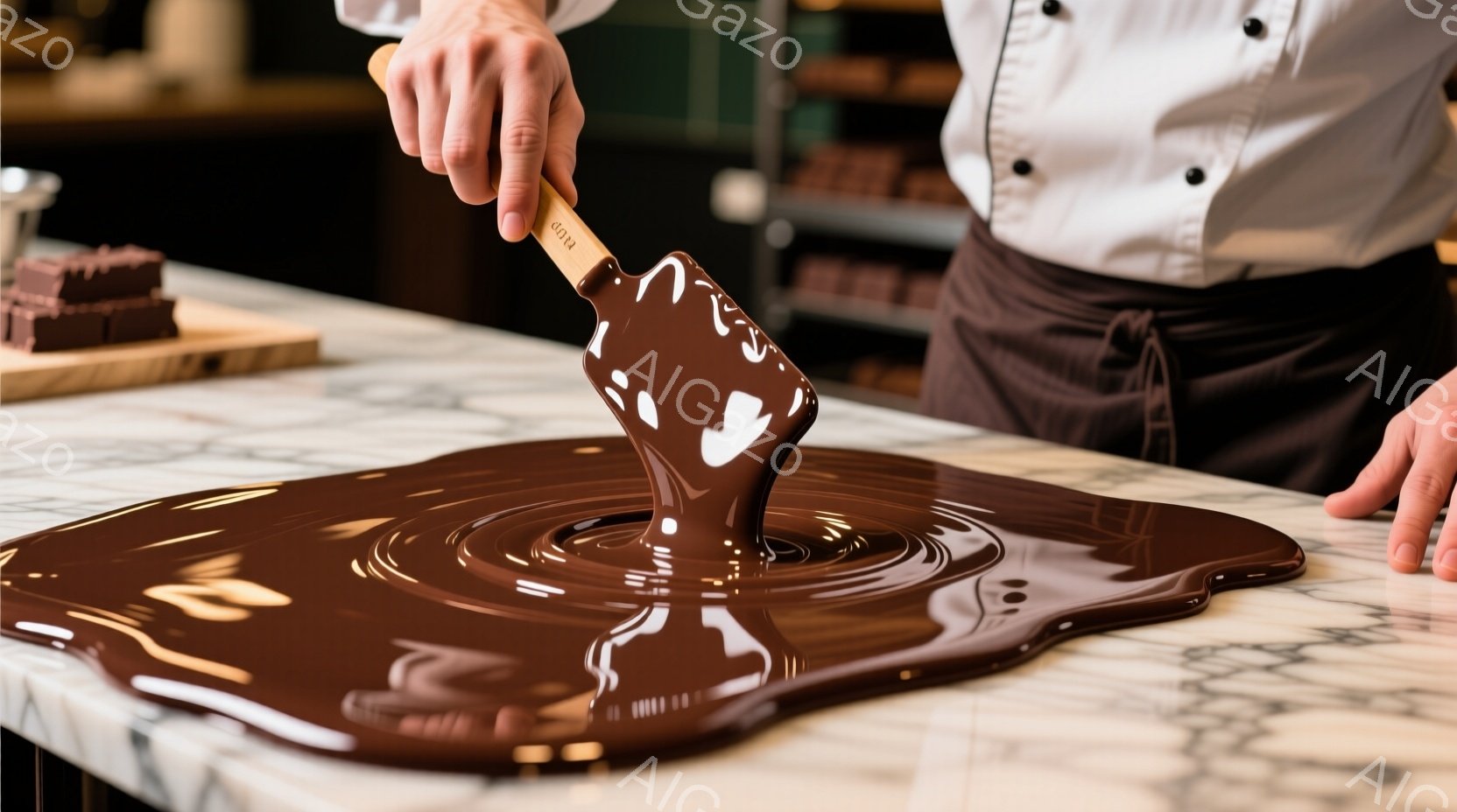 白い制服を着た人物が、溶けたチョコレートをヘラで広げている様子が写っている。チョコレートは滑らかで光沢があり、大理石のようなカウンターの上に広がり、美味しさを誘う。背景はぼやけており、プロの製菓工房の - AI生成フリー素材