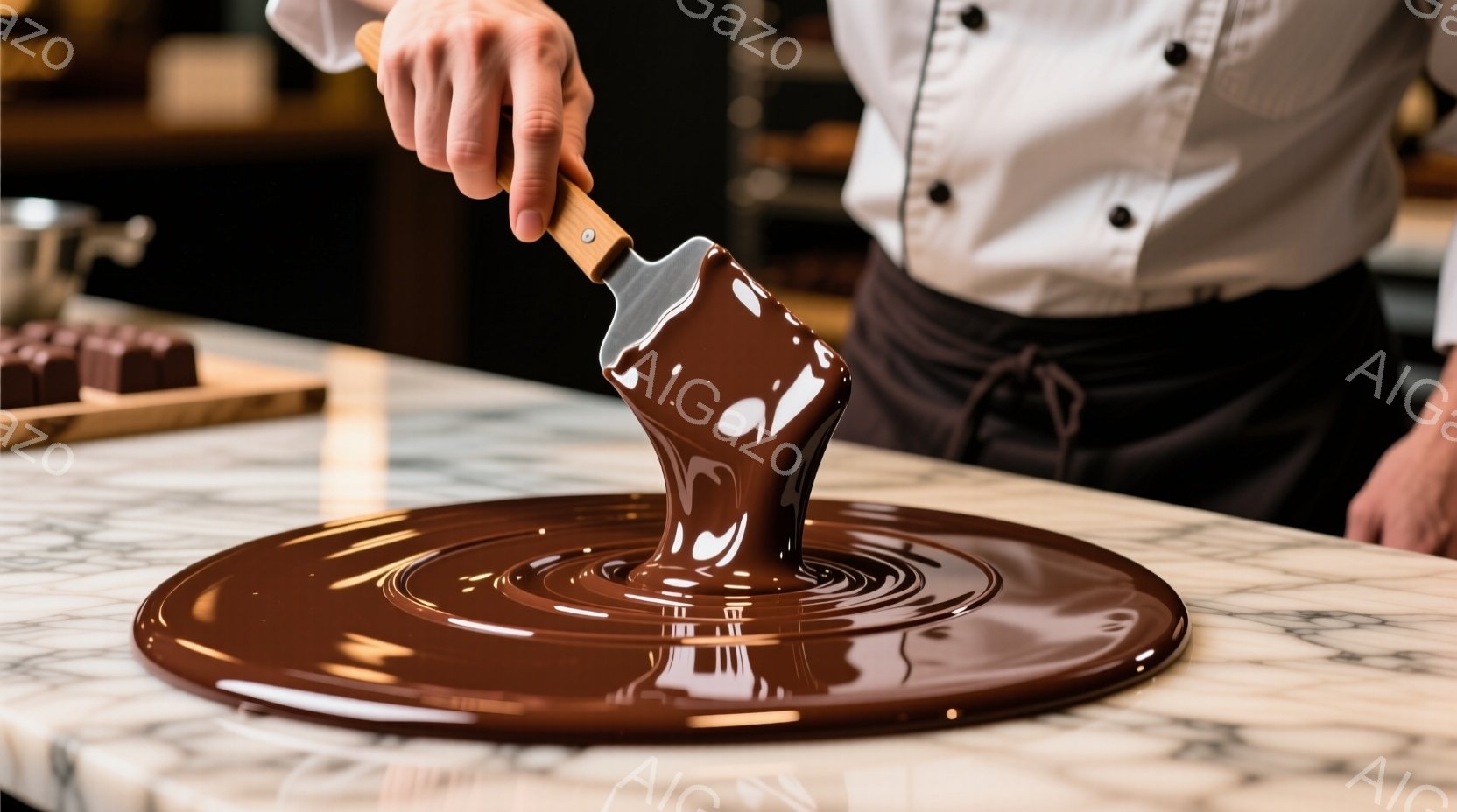 溶けたチョコレートをヘラで広げている様子が写っている。作業者は白いコックコートと黒いエプロンを着用し、手元に集中している。背景には、大理石のようなカウンターと、ぼやけたチョコレートの箱がわずかに見え、 - AI生成フリー素材