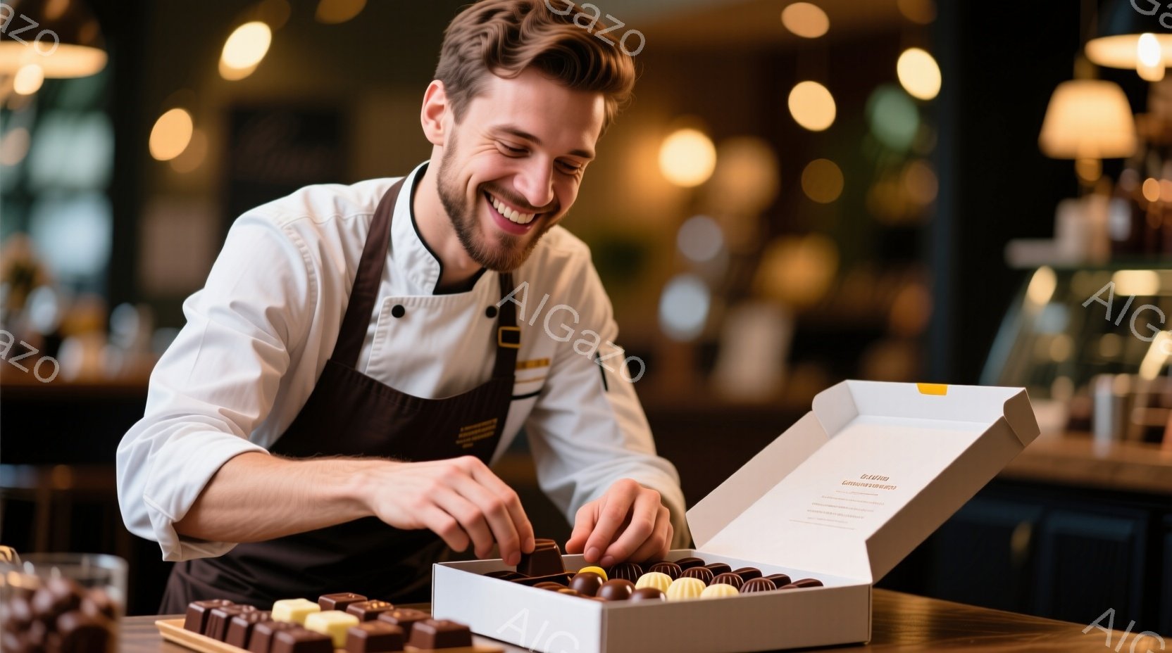 白いコックコートと茶色のエプロンを着た男性が、開いた白いギフトボックスにチョコレートを並べている。彼は笑顔で、少し身を乗り出して作業に集中しており、プロフェッショナルな菓子職人の様子が伺える。背景はぼかされており、暖かい光が差し込む店内のような雰囲気で、高級感と心地よさを感じさせる。