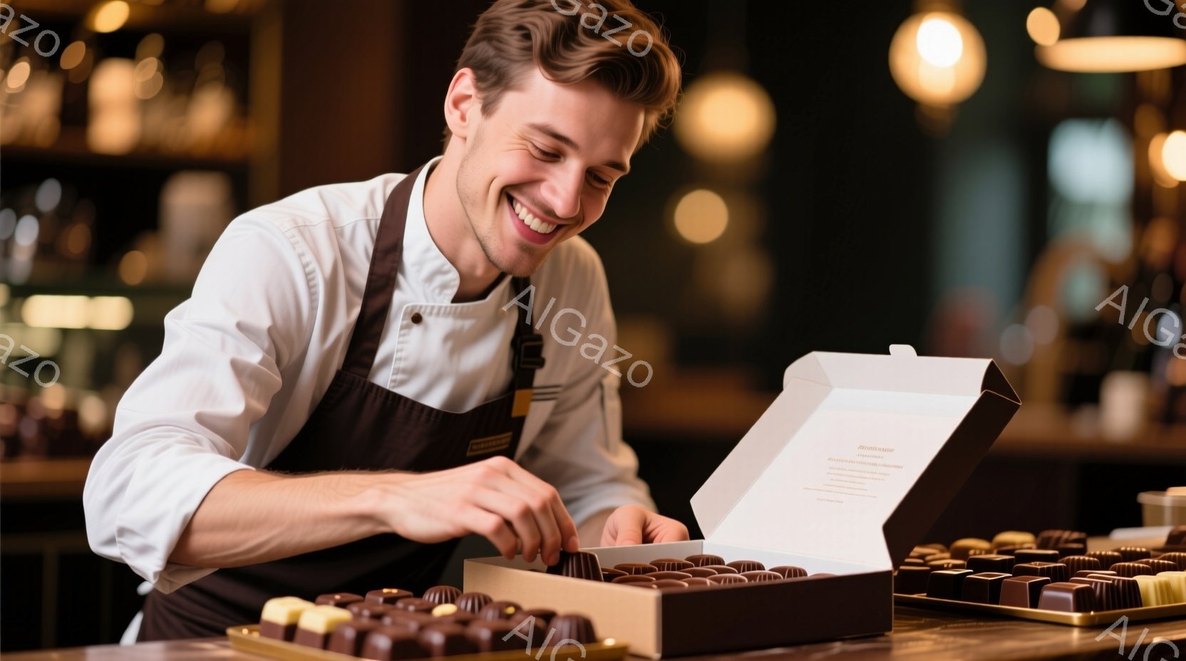 若い男性がチョコレートの箱詰めをしている写真です。彼は白いコックコートと茶色のエプロンを着ており、短く整えられた髪と笑顔が印象的です。背景には様々な種類のチョコレートが並び、店内は落ち着いた雰囲気で照 - AI生成フリー素材