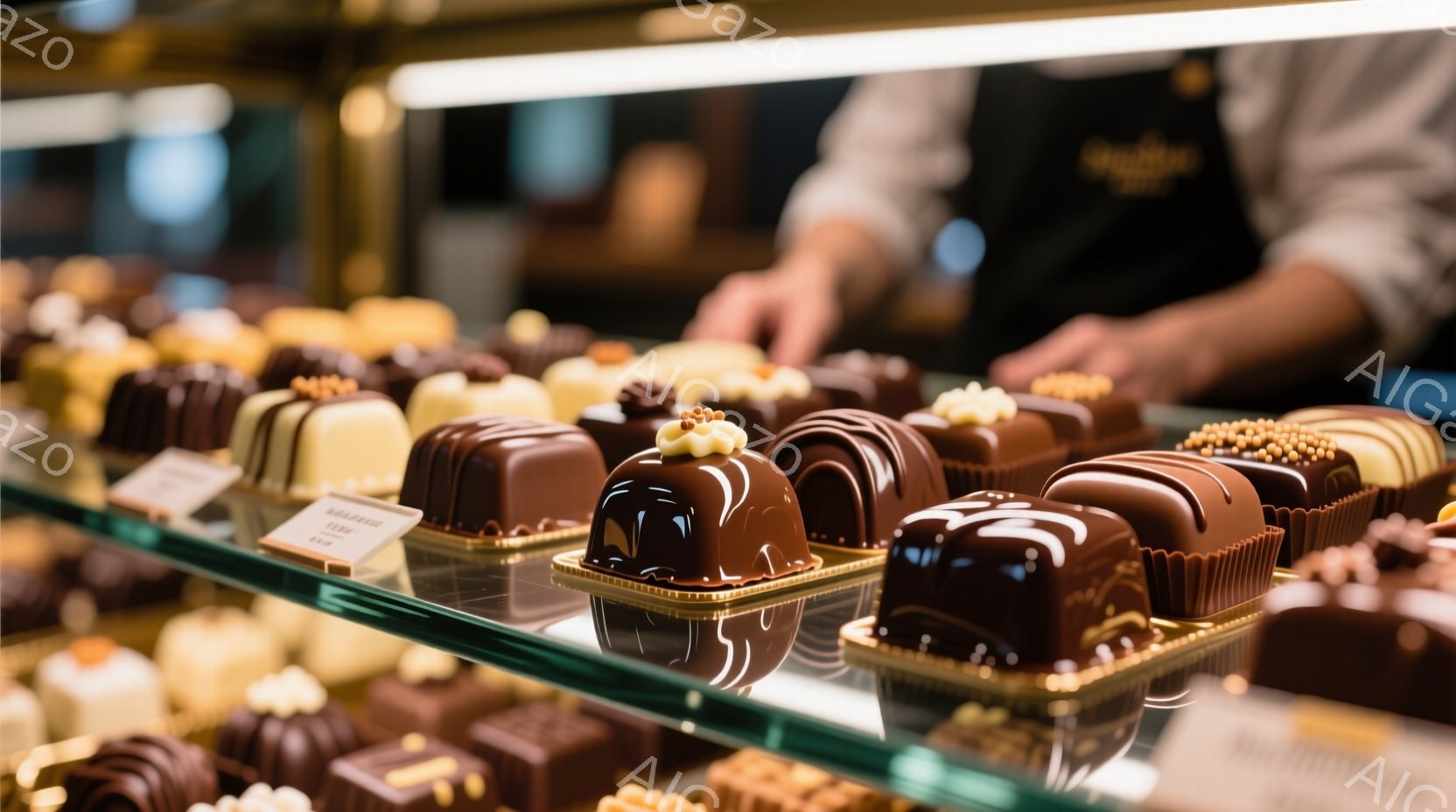 チョコレートのショーケースが写っており、様々な種類のチョコレート菓子が整然と並べられています。光沢のあるチョコレートの上には、カラフルな粒や模様が飾られ、高級感と美味しさを引き立てています。背景はぼやけていますが、ショーケースの奥に人影が見え、店舗の一角である様子が伺えます。