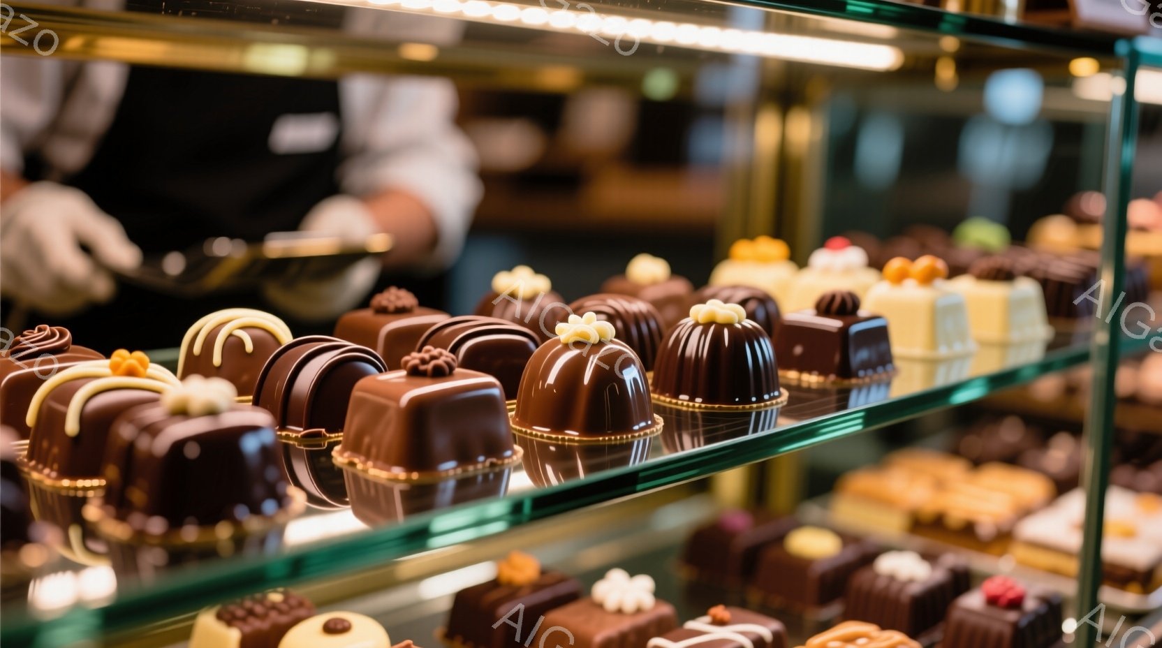 チョコレートのショーケースが写っており、様々な形のチョコレート菓子が整然と並んでいます。チョコレートは、艶やかで深みのある茶色をしており、一部にはカラメルやクリームの装飾が見られます。ショーケース内は - AI生成フリー素材