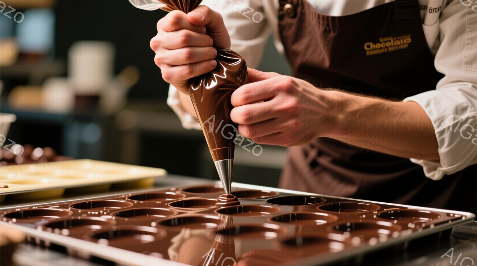 茶色のエプロンを着用した人が、チョコレートを型に絞り込んでいます。手元には、チョコレートが並んだ金色のトレイと、チョコレートが並んだ黒いトレイが見えます。背景はぼかされており、明るい光が差し込み、チョ - AI生成フリー素材