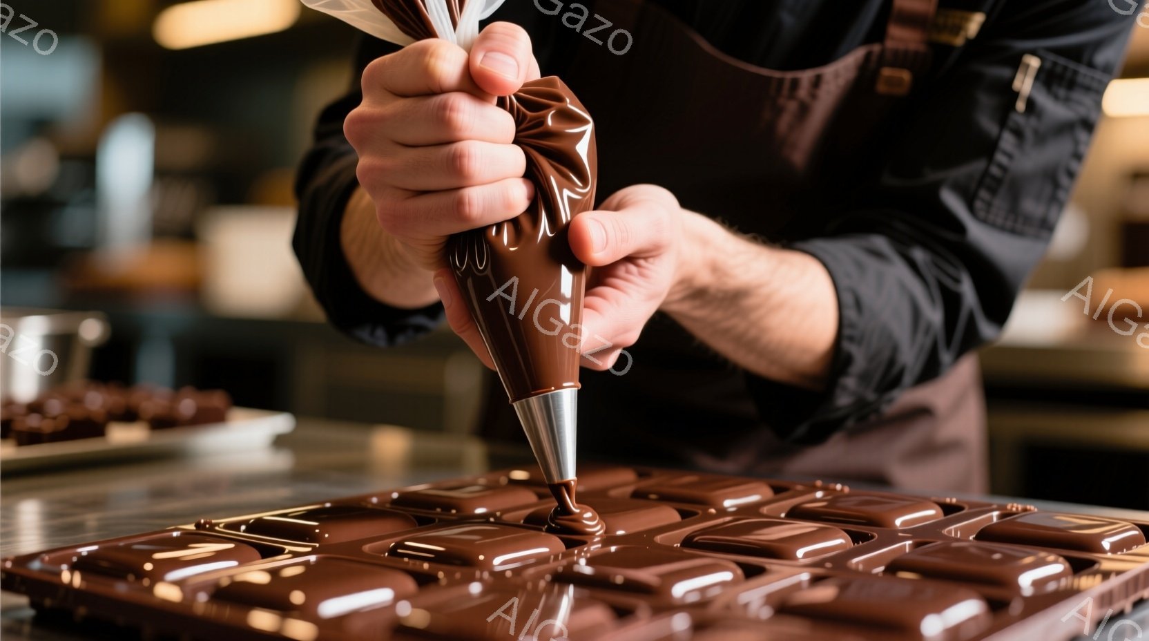 チョコレートを型に流し込む手元が写っている。男性がエプロンを着ており、チョコレートのトレーにチョコレートソースを丁寧に絞り込んでいる様子がわかる。背景には他のチョコレート製品がぼやけて写っており、プロ - AI生成フリー素材