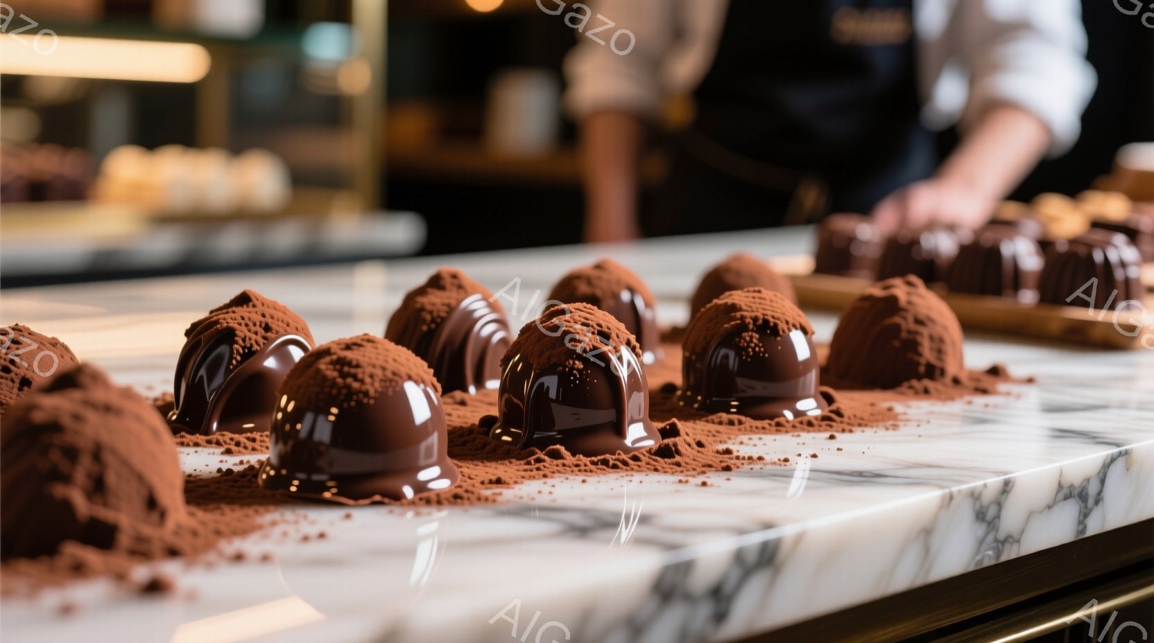 白大理石のカウンターの上に、ココアパウダーをまぶしたチョコレートのドームが整然と並べられています。背景はぼやけていますが、パティスリーのようなお店の中の様子で、人物の一部（白いシャツを着た腕）が見えます。全体的に暖色系の照明で、上品で洗練された雰囲気が漂っています。