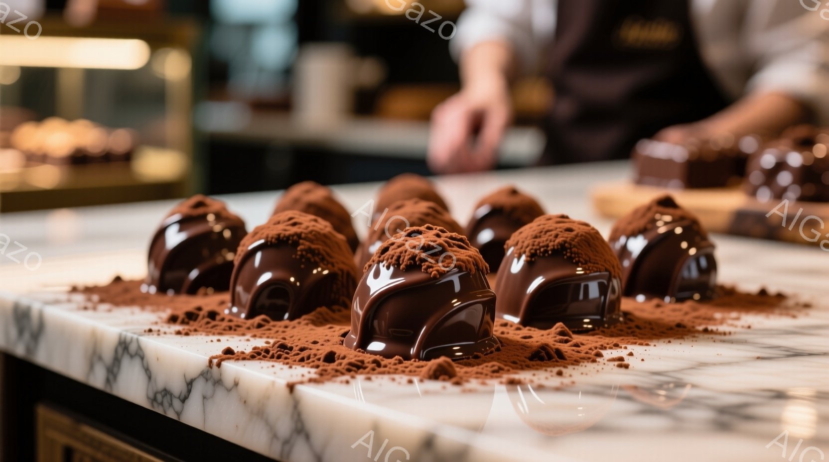 大理石のカウンターの上に、ココアパウダーが散りばめられたチョコレートが整然と並べられています。チョコレートは光沢のある茶色で、まるで宝石のように見えます。背景にはぼやけた人物とショーケースが見え、高級 - AI生成フリー素材