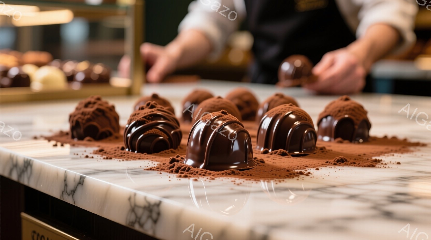 大理石のようなカウンターの上に、ココアパウダーが敷かれ、チョコレートのトリュフが並べられています。背景にはぼやけた人物がおり、おそらくチョコレート店またはカフェの内部と思われます。全体的に、洗練された、美味しそうな雰囲気が漂っています。