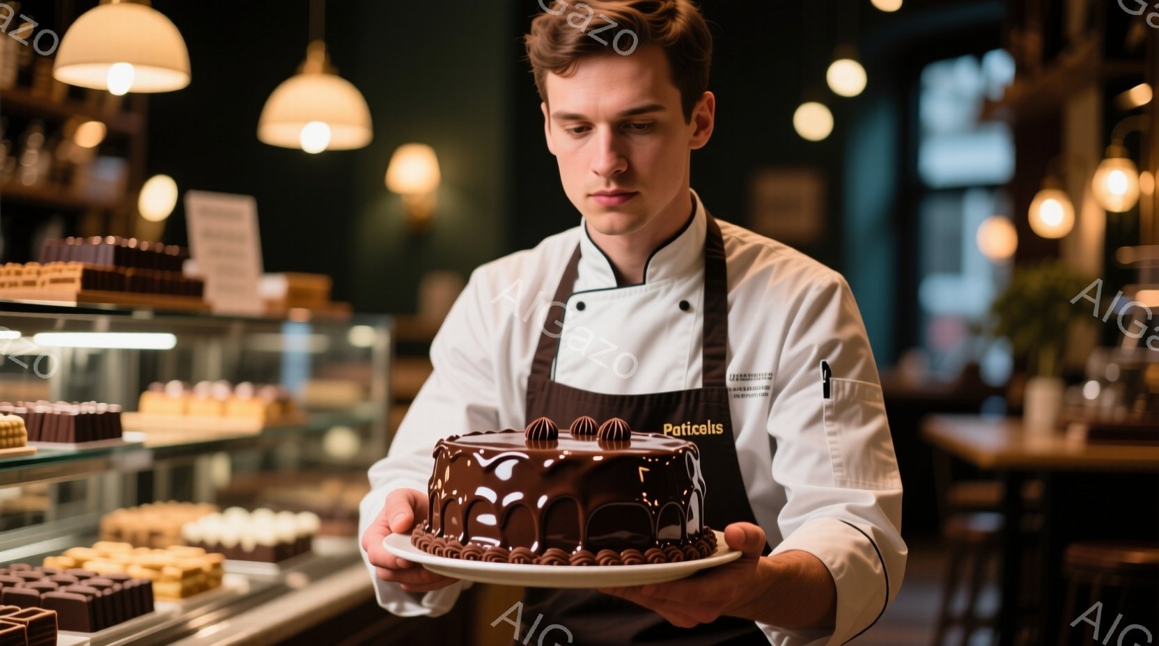 若い男性がチョコレートケーキを両手で丁寧に持っています。彼は白いコックコートとエプロンを着ており、短く整えられた髪型です。背景にはケーキやチョコレートが並んだショーケースがあり、店内の落ち着いた雰囲気 - AI生成フリー素材