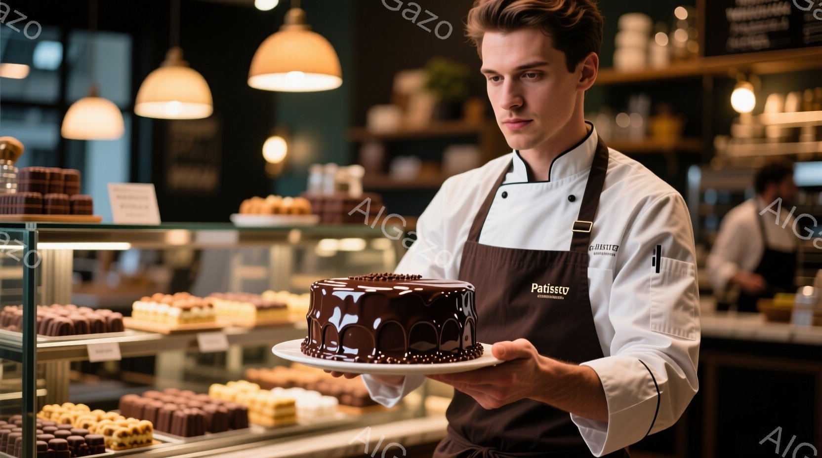 見た目の美しいチョコレートケーキを掲げる若いパティシエが写っています。彼は白い制服に茶色のエプロンを身につけ、短く整髪された髪で、真剣な表情でケーキを見つめています。背景には、色とりどりのチョコレート - AI生成フリー素材
