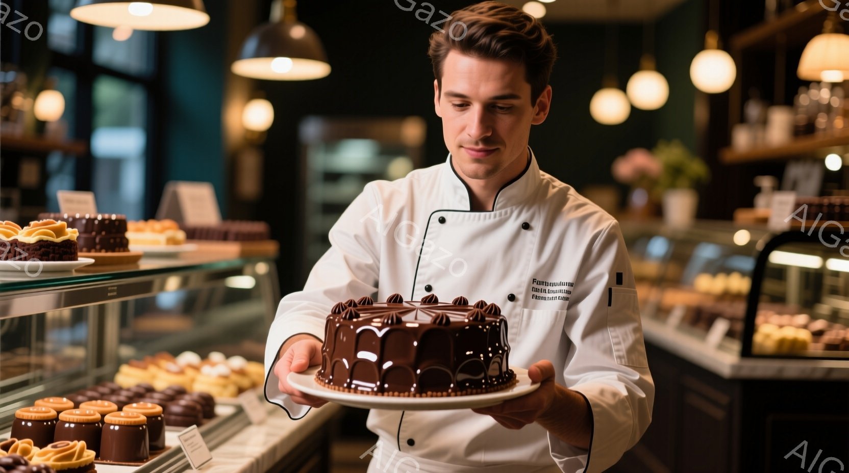 白い制服を着た男性が、チョコレートケーキを両手で丁寧に抱えています。彼の髪型は短髪で、表情は穏やかで自信に満ちています。背景にはケーキや焼き菓子の入ったショーケースが並び、上品で落ち着いた雰囲気のパテ - AI生成フリー素材