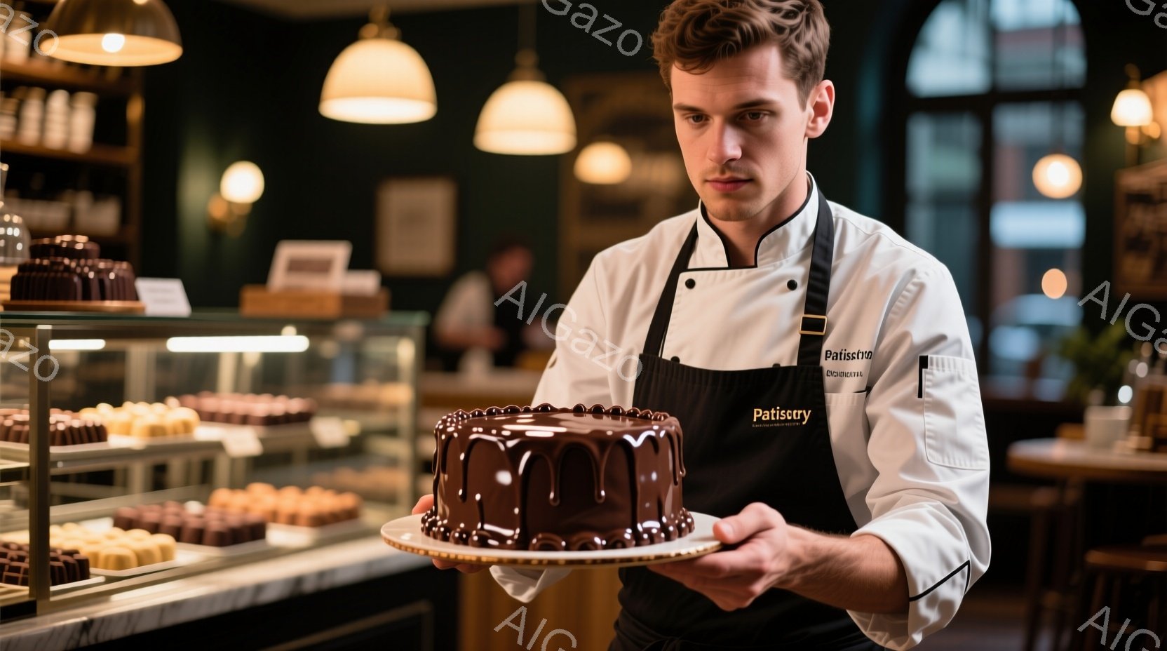 画像には、白い制服を着た男性パティシエが、チョコレートでコーティングされたケーキを正面に掲げています。彼は短髪で、真剣な表情をしており、ケーキを丁寧に展示している様子が伺えます。背景には、ショーケース - AI生成フリー素材