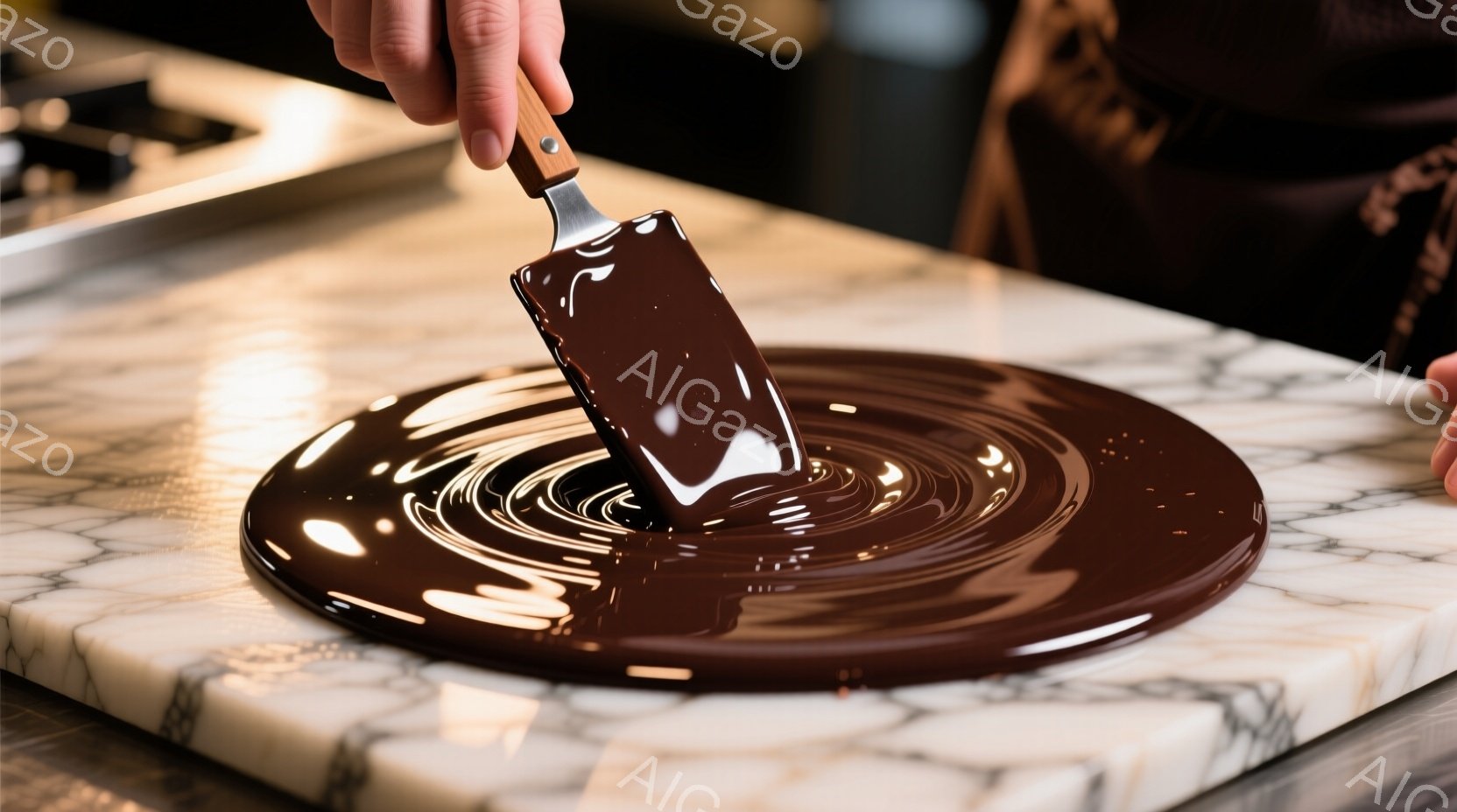 大理石のカウンターの上に、溶けたチョコレートが渦巻状に広がっている様子が写っている。人物の手はチョコレートを金属製のスパチュラで丁寧に混ぜており、作業着の一部が見える。背景はぼやけているが、キッチンの - AI生成フリー素材
