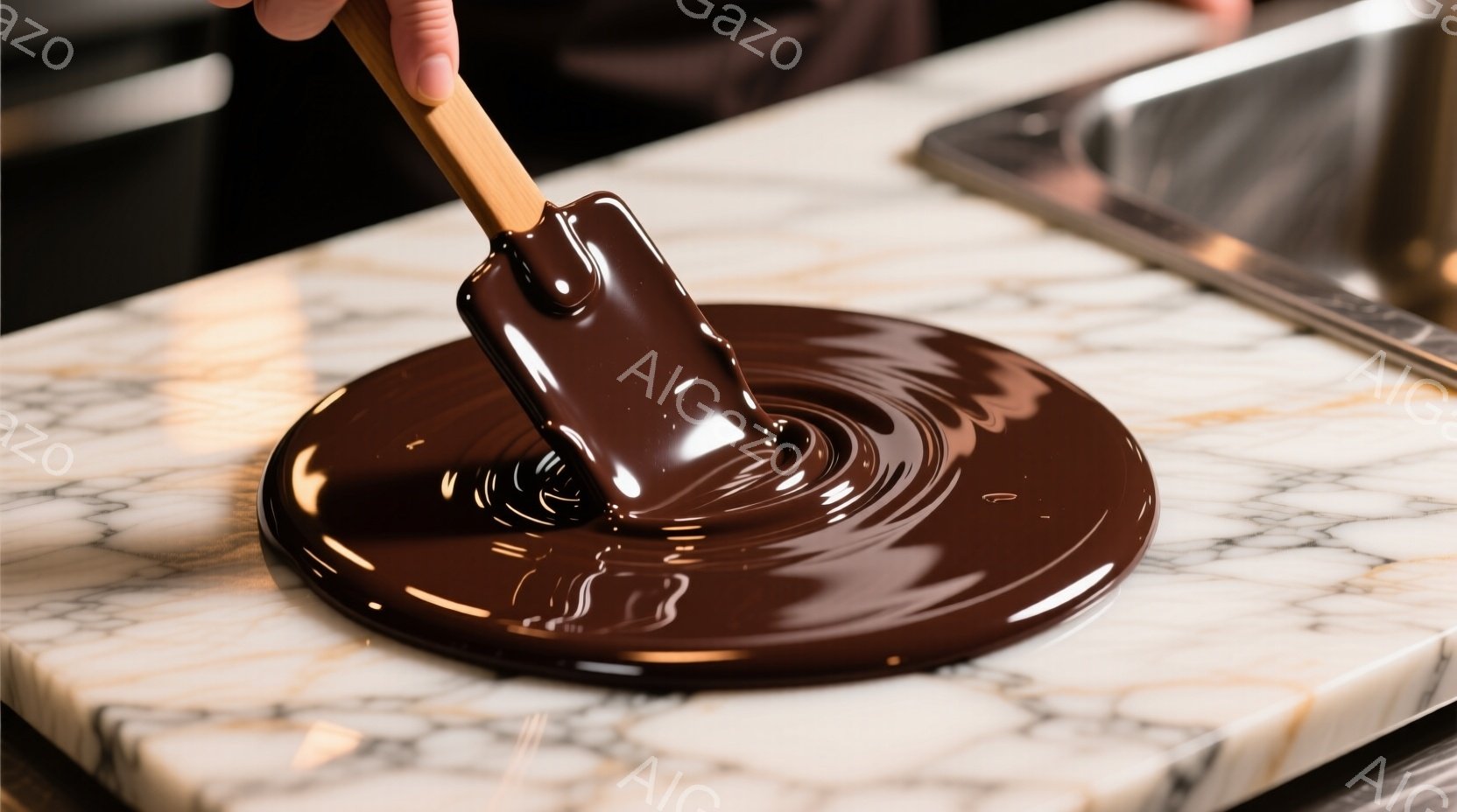 溶けたチョコレートが、大理石のようなカウンターの上に渦巻状に広がっている様子が捉えられている。チョコレートを混ぜるための金属製のスパチュラが左手に握られ、チョコレートの中に深く浸かっている。背景は暗く - AI生成フリー素材