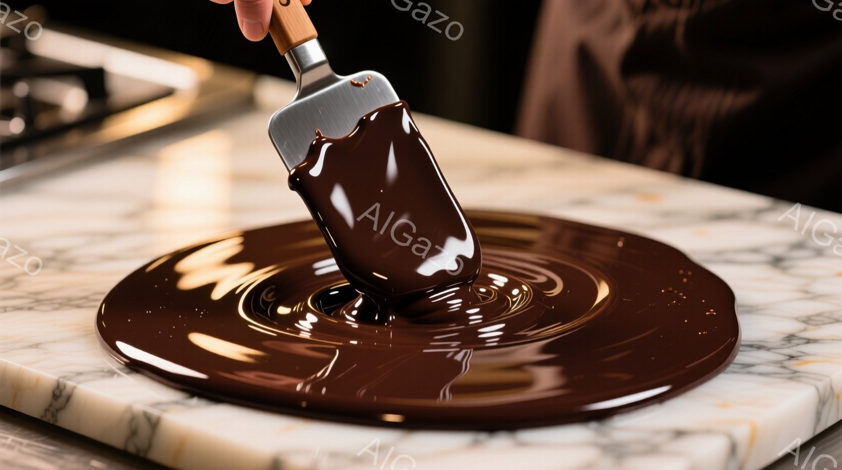 大理石のカウンターの上に溶けたチョコレートが広がり、木製のスパチュラでチョコレートが撹拌されている様子が写っている。チョコレートは艶やかで滑らかであり、光沢のある表面が食欲をそそる。背景はぼやけており、厨房の一部が見えるが、焦点はチョコレートの質感と動きに当てられている。