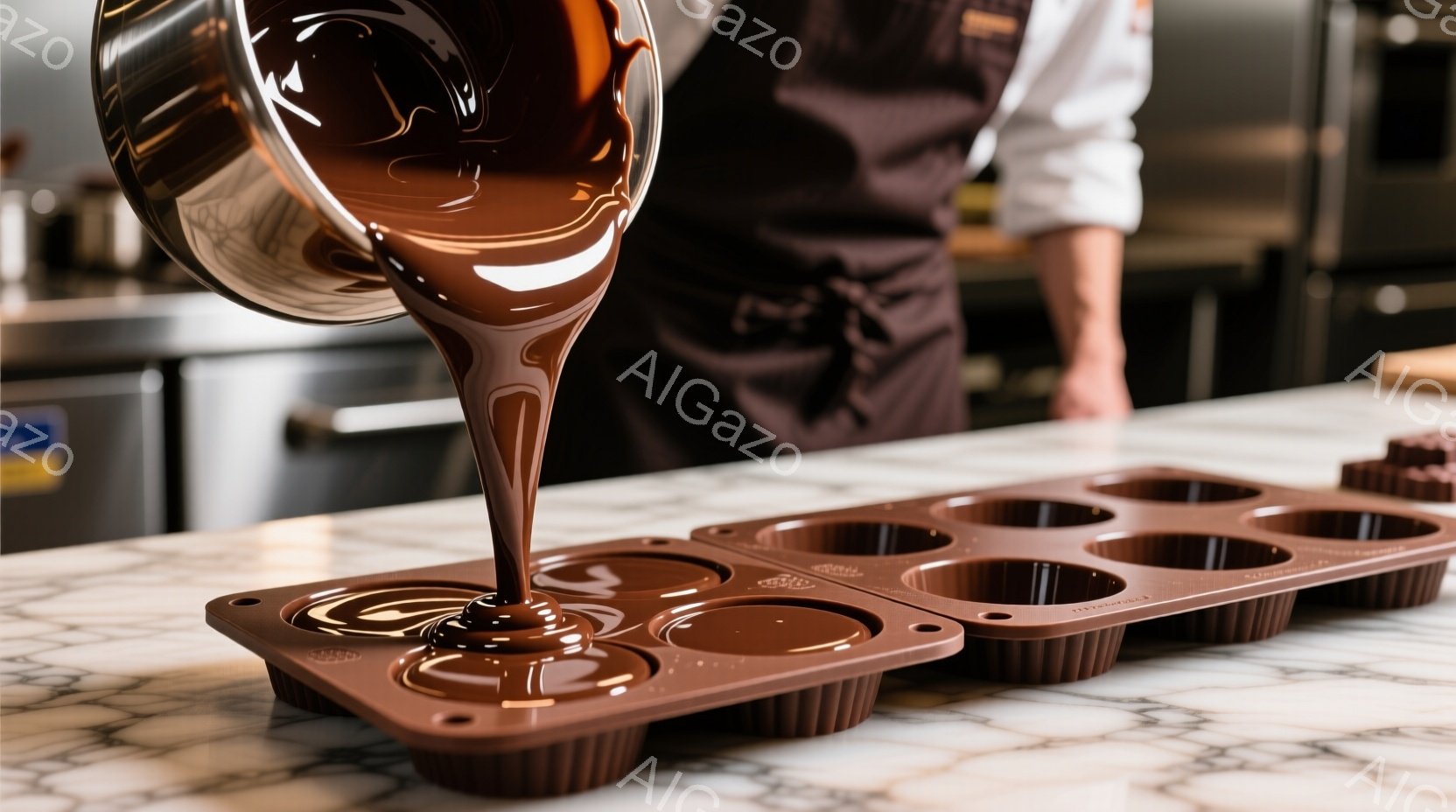 溶けたチョコレートが、茶色のシリコン型に注がれている様子が写っている。作業者は黒いエプロンを着用し、白い制服を着ているが、顔ははっきりと見えない。背景にはステンレス製の調理器具や暗い空間があり、プロフェッショナルな菓子製造の現場を連想させる落ち着いた雰囲気である。
