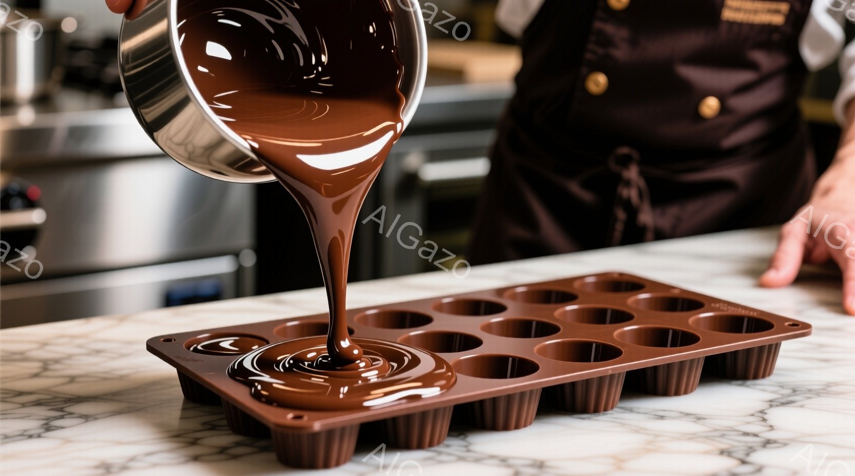 チョコレートがポリカーボネートのモールドに流し込まれている様子が捉えられています。作業者の服装は濃い茶色のエプロンで、おそらくパティシエまたはチョコレート職人でしょう。背景にはぼやけた厨房機器が見え、洗練された雰囲気の中で手作りチョコレートの製造風景がうかがえます。