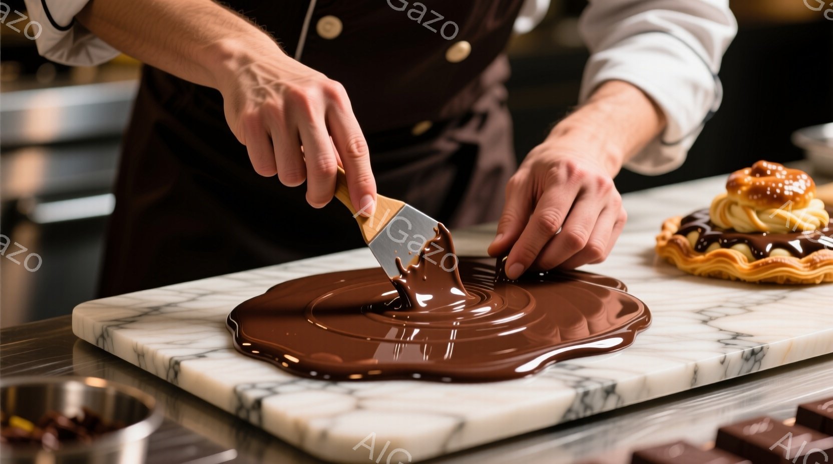 白大理石のカウンターの上で、溶けたチョコレートをスパチュラで広げている手が写っています。背景にはチョコレートソースの入ったボウルや、完成したタルトが見え、プロのパティシエが作業している様子が伺えます。全体的に暖色系の色調で、甘くて美味しそうな雰囲気が漂っています。