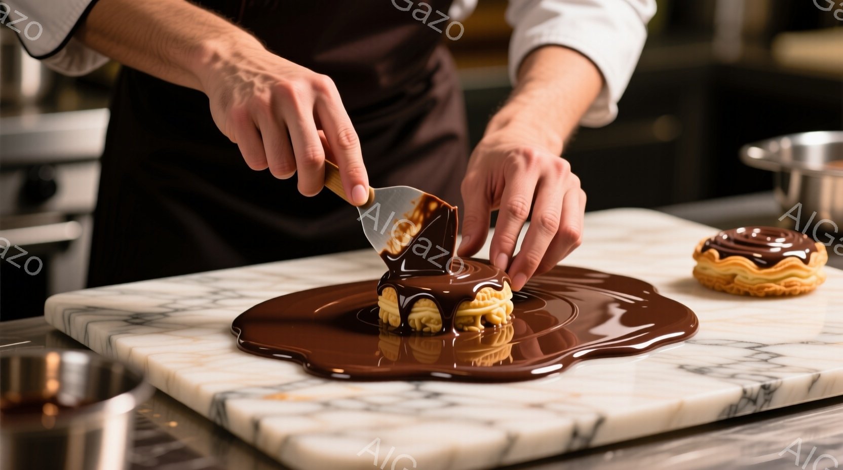 チョコレートグレーズをケーキに塗っている人物の手元が写っている。人物は白い制服の上に茶色のエプロンを着用しており、手先は丁寧に作業に集中している。背景にはぼやけた金属製の調理器具が見え、大理石のような白いテーブルの上で、濃厚なチョコレートがケーキ全体に広がり始めている。