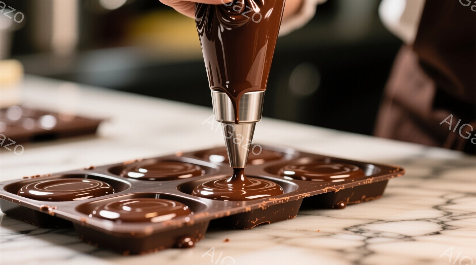 チョコレートの型に溶けたチョコレートを絞り込む様子が写っている。背景は白大理石のようなカウンターで、プロのパティシエか製菓職人の手がチョコレートを丁寧に注ぎ込んでいる。全体的に暖色系の色調で、高級感と - AI生成フリー素材