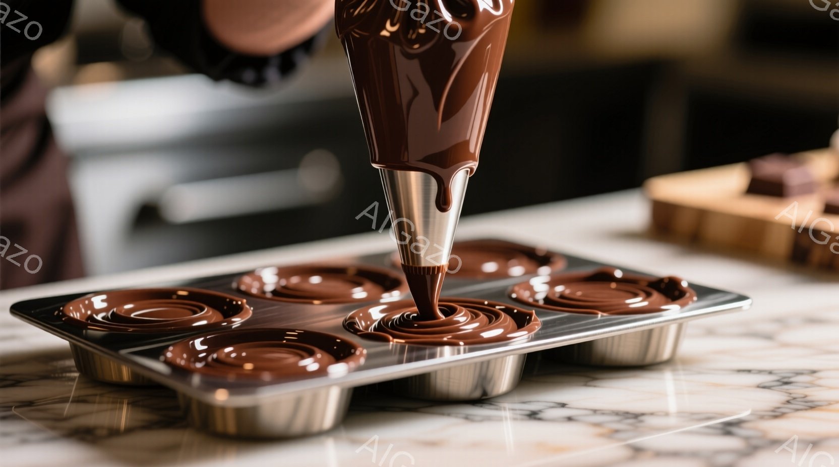 チョコレートが銀色の型に絞り出されている様子が写っている。チョコレートを絞っている人は茶色のエプロンをつけており、焦点が合っていないため顔や髪型ははっきりしない。背景は白大理石のカウンタートップで、奥 - AI生成フリー素材