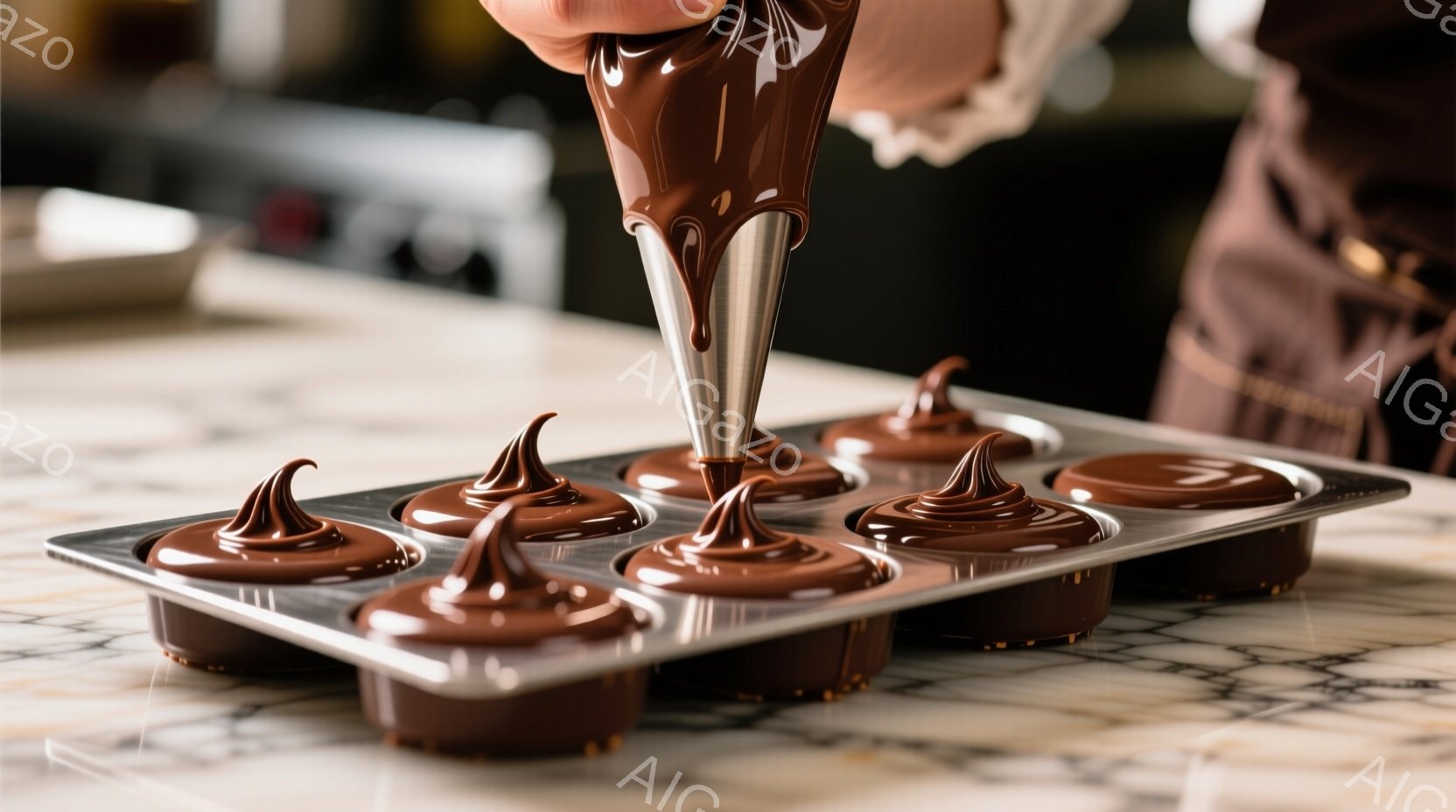 チョコレートのモールドに、溶かしたチョコレートを絞り込む作業の様子が写っている。絞り袋を持つ手は白衣に身を包み、背景には大理石のカウンタートップが広がり、高級感と洗練された雰囲気を醸し出している。チョコレートの光沢と大理石の模様が組み合わさり、美味しさと美しさを強調している。
