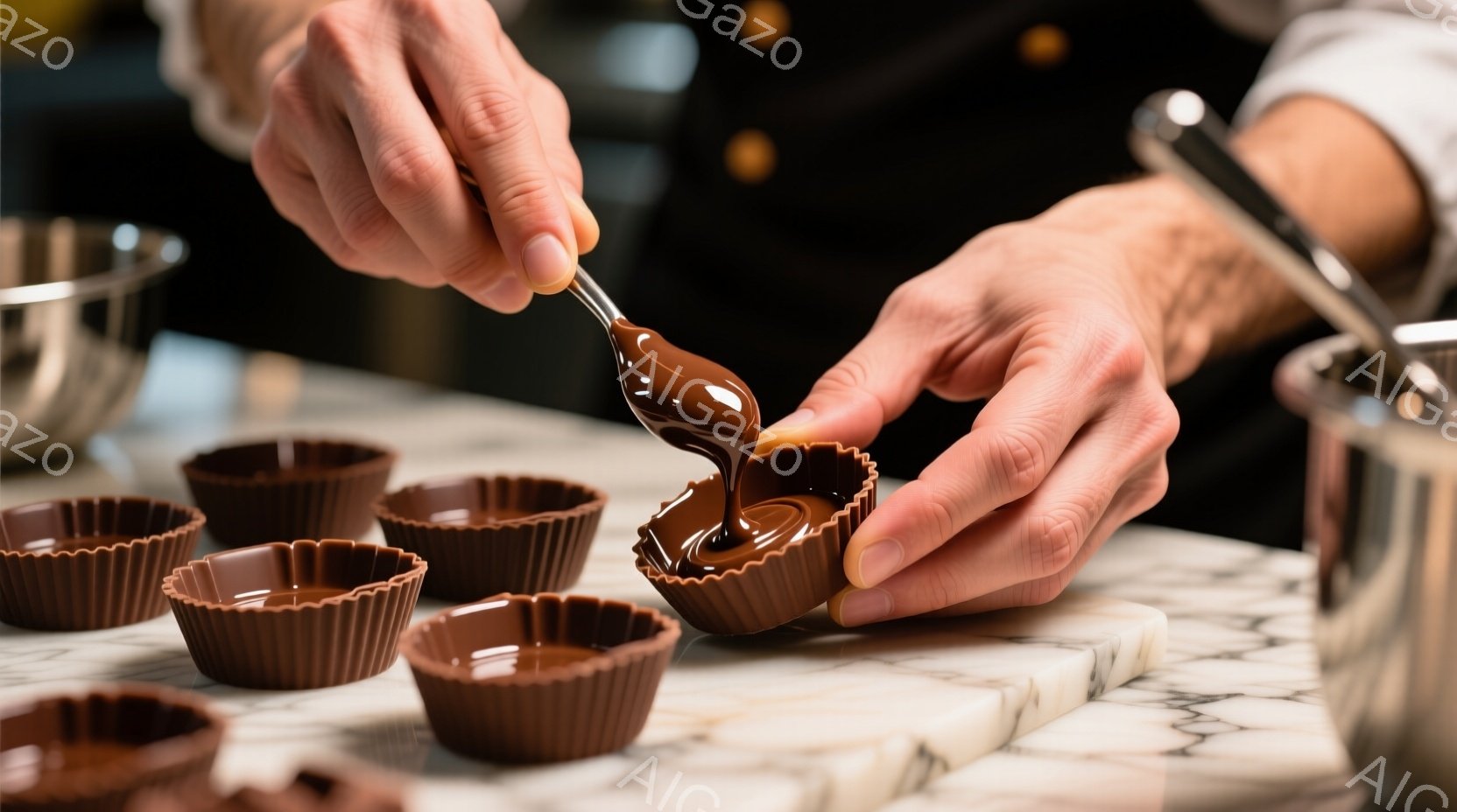 チョコレートを作る人の手が写っている。彼は暗色の制服を着ており、チョコレートの型に溶けたチョコレートをスプーンで丁寧に入れている。背景には大理石のような作業台と、ステンレス製の調理器具が見え、プロフェ - AI生成フリー素材