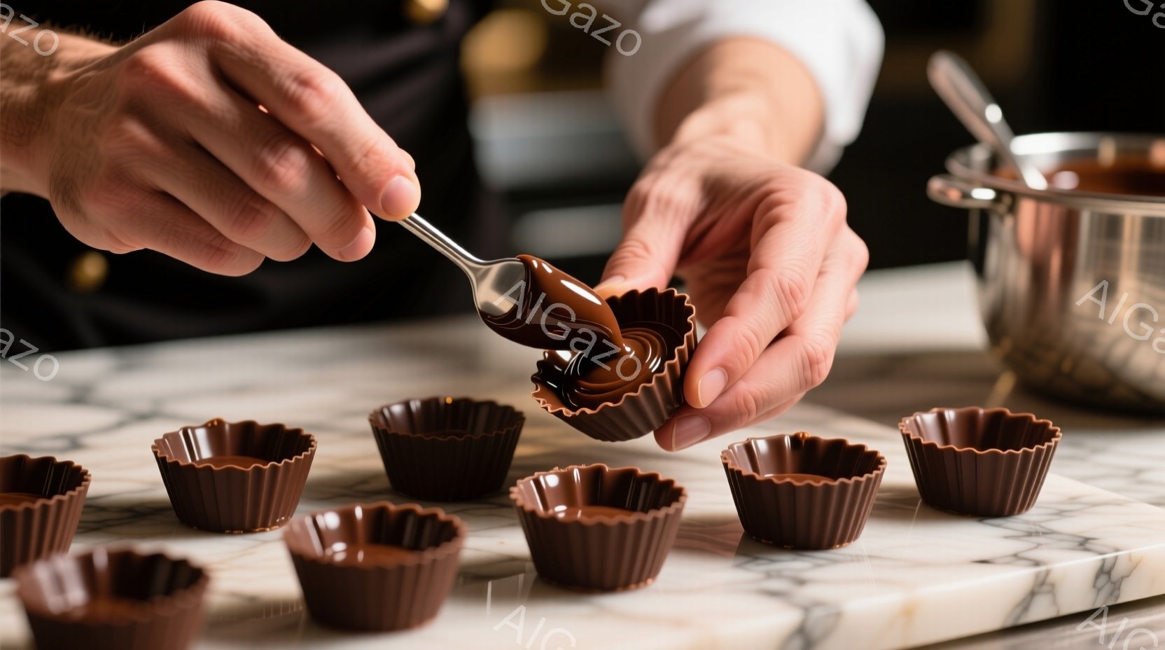 チョコレートの型に溶けたチョコレートを流し込む作業をしている手が写っている。背景には大理石のような台と、チョコレートを溶かすための鍋が見え、プロのパティシエが丁寧な作業をしている様子が伺える。全体的に温かみのある照明とチョコレートの色合いが、上品で落ち着いた雰囲気を醸し出している。