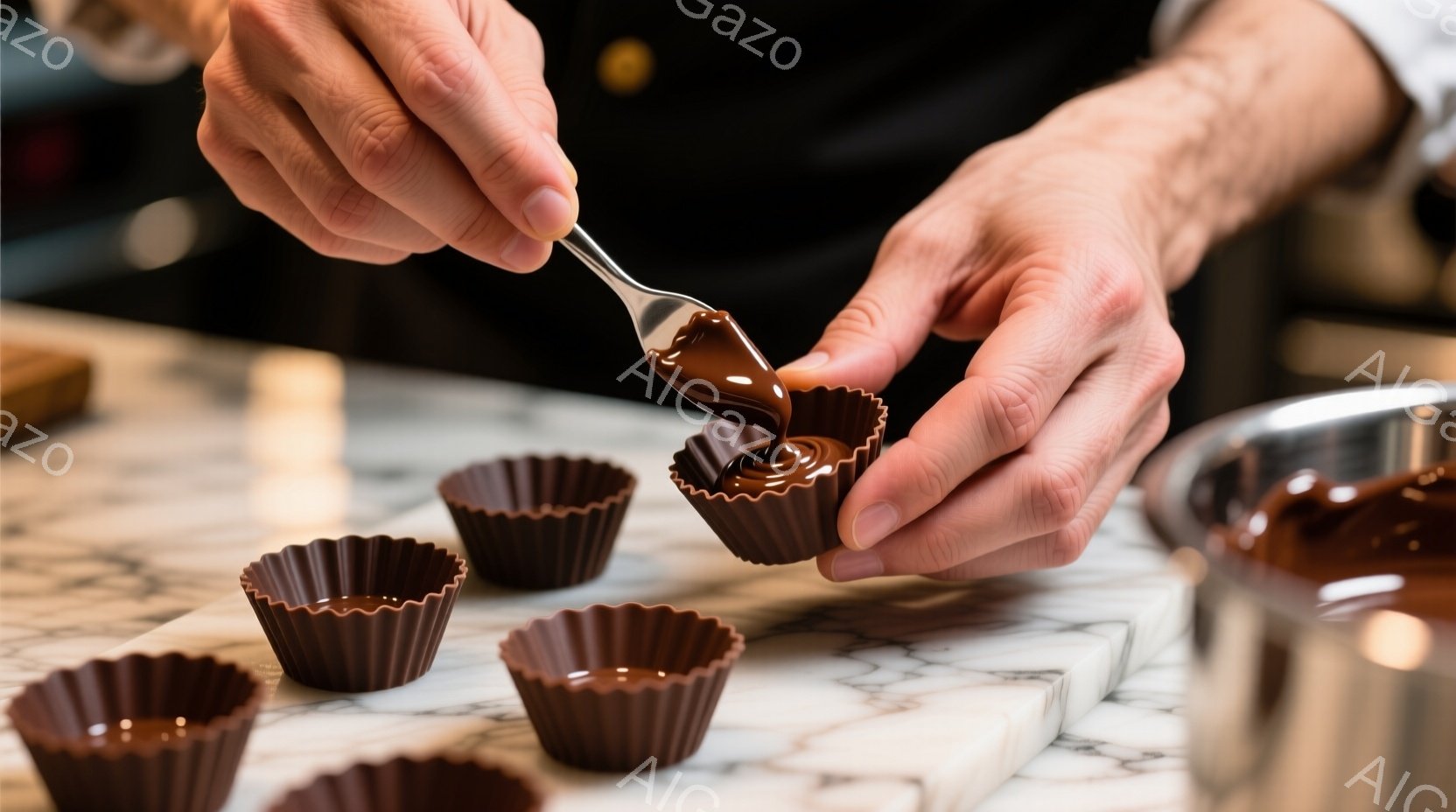 白大理石の台の上にチョコレートの型が並び、男性がフォークを使って溶けたチョコレートを型に流し込んでいる様子が写っている。男性は黒い制服を着ており、手元に焦点が合っているため表情ははっきりしないが、熟練した職人技が感じられる。背景はぼかされており、チョコレート製造の作業風景であることがわかる。