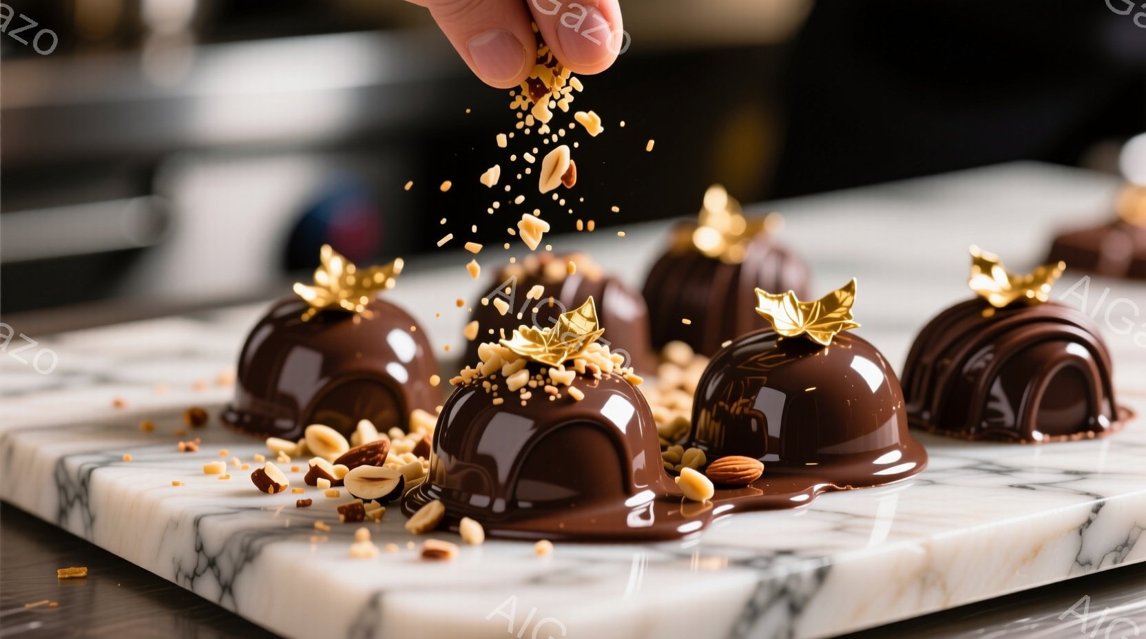 光沢のあるチョコレートムースが、大理石のボード上に整然と並べられています。金色の砂糖細工の葉が飾られ、砕いたナッツが散りばめられています。手は砕いたナッツをムースの上に振りかけようとしており、美味しさを引き立てる上品な雰囲気です。