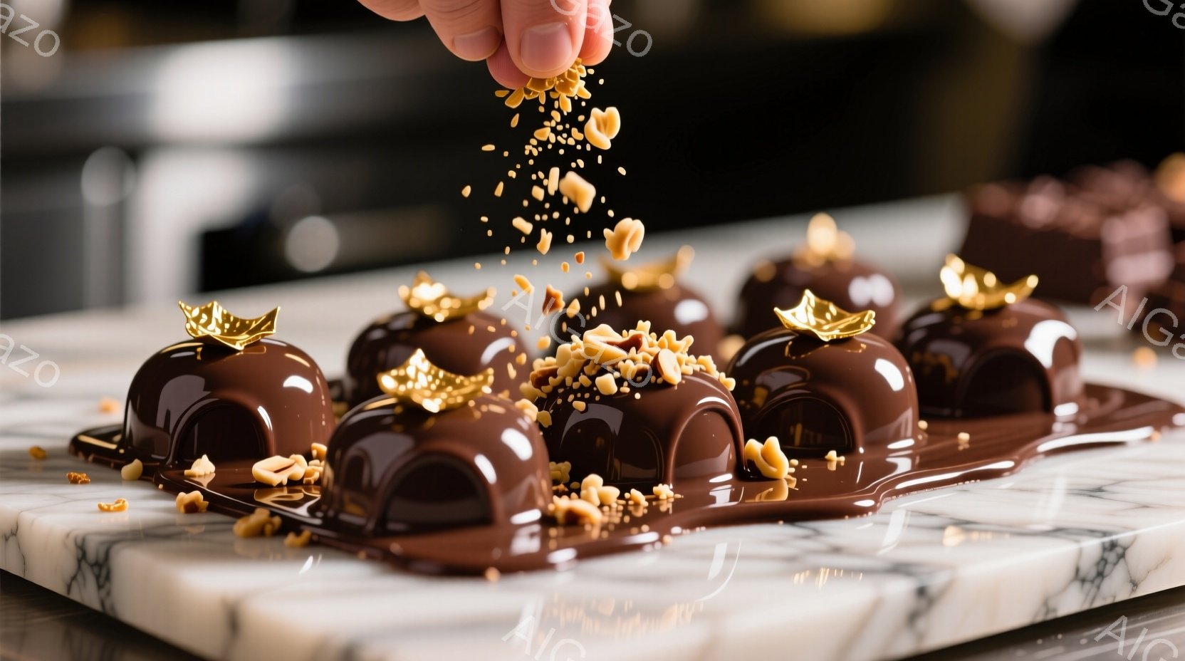 チョコレートの小菓子が白い大理石のようなトレーの上に並べられており、上から砕いたナッツが振りかけられています。光沢のあるチョコレート菓子の上には金色の飾りがあり、その様子は高級感と洗練された雰囲気を醸し出しています。背景はぼやけていますが、プロフェッショナルな製菓環境を示唆しています。