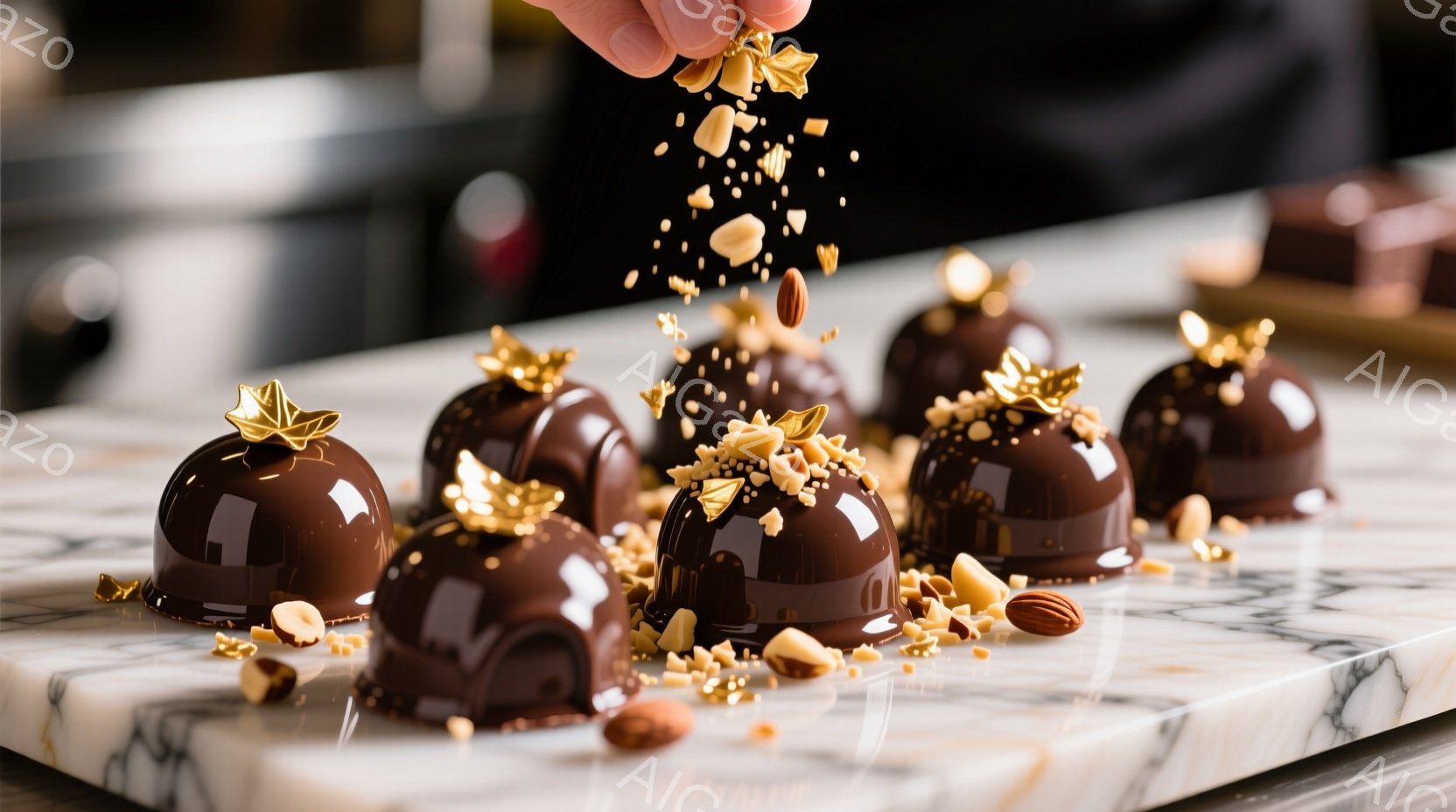 チョコレート色の美しいケーキが、大理石の台の上に整然と並べられています。ケーキの上には金色の葉っぱの飾りと砕いたナッツが散りばめられ、まるで芸術作品のように輝いています。背景はぼかされており、ケーキの - AI生成フリー素材