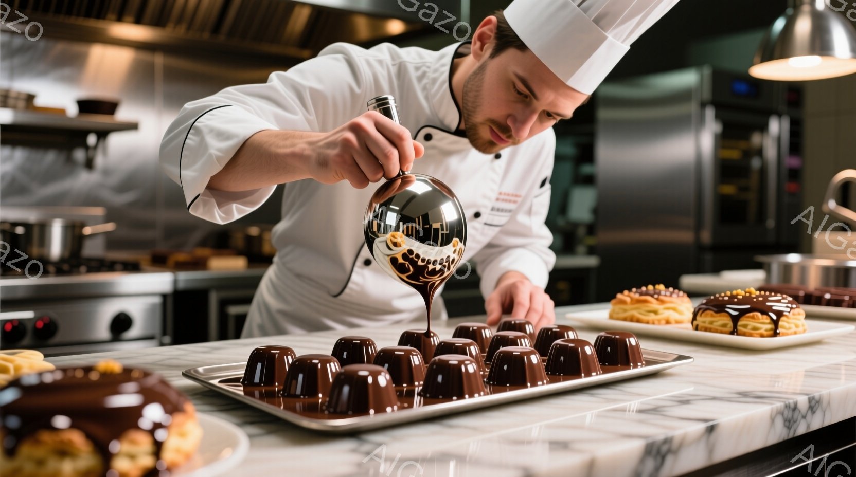 白いコック帽とコックコートを着用した男性が、チョコレートソースをプディングのようなデザートに流し込んでいます。彼は真剣な表情で作業に集中しており、姿勢も丁寧です。背景には、ステンレス製の調理器具や他の - AI生成フリー素材