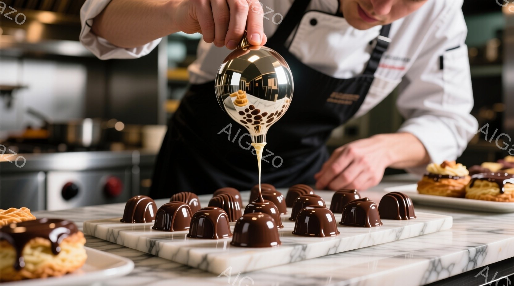 白い制服に黒いエプロンをつけた男性が、チョコレートの殻の中に何かを注入している様子が写っている。彼は集中した表情で、小さなチョコレート菓子が並んだ白い大理石のボードに、慎重に液体を注ぎ込んでいる。背景には他の菓子類や調理器具が見え、明るいキッチンまたはパティスリーの活気ある雰囲気が感じられる。
