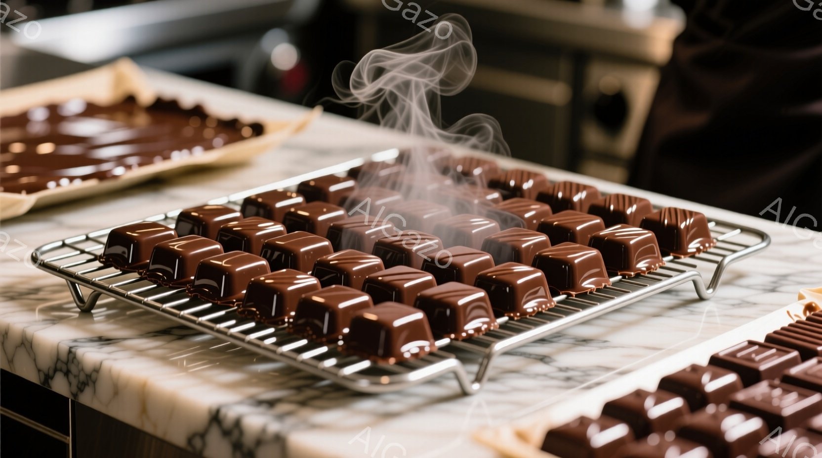 チョコレートが金属製の網目に並んだ冷却ラックに並べられています。チョコレートは深みのある茶色で光沢があり、上から立ち上る湯気は焼きたてであることを示唆しています。大理石調のカウンターの上で、手作りのチ - AI生成フリー素材