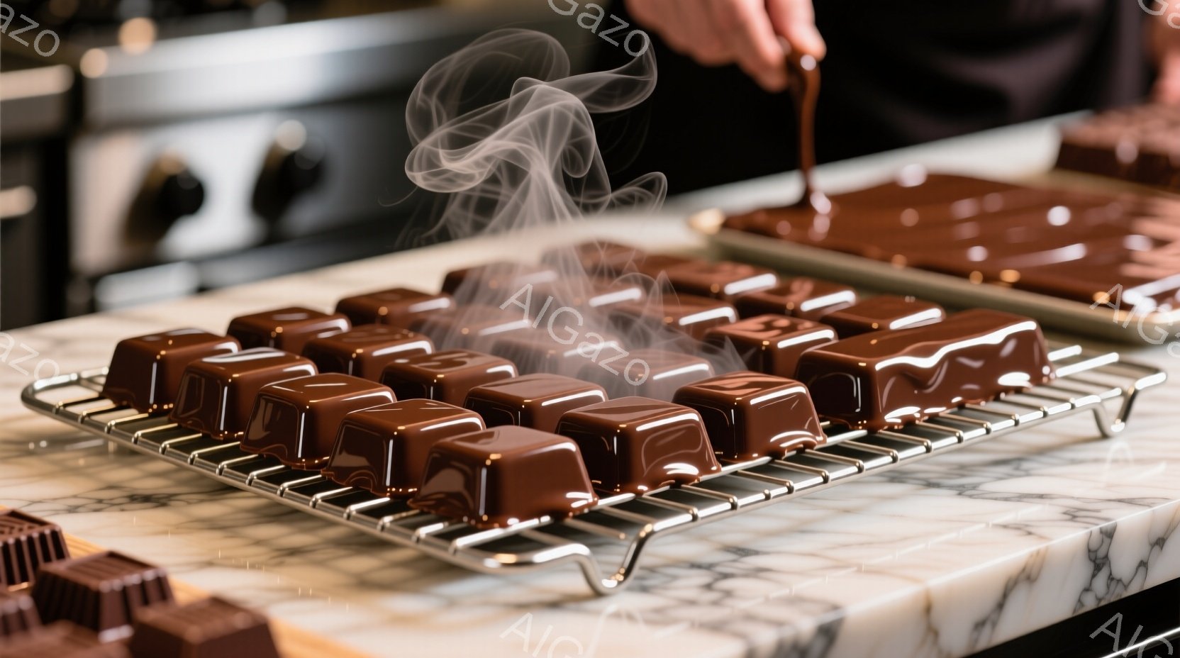 滑らかなチョコレートが整然と並べられた金属製の網の上で冷やされています。背景には、チョコレートソースを垂らしている人物の手が僅かに見え、大理石調のカウンターが上品な雰囲気を醸し出しています。温かいチョ - AI生成フリー素材