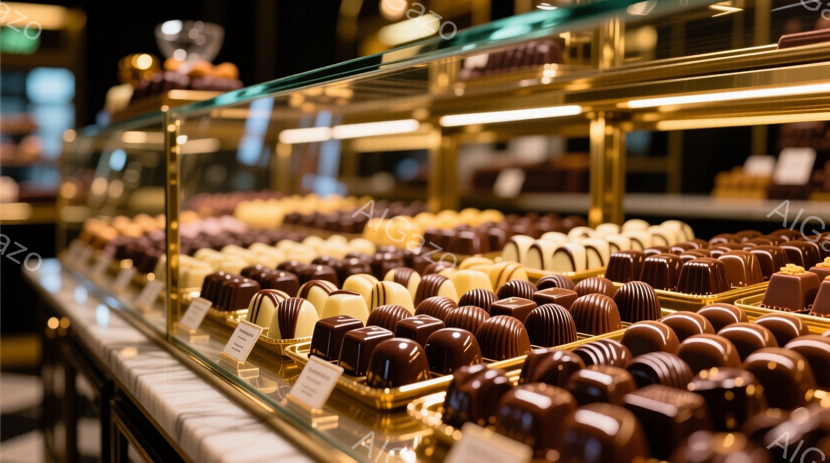 ショーケースの中に、様々な種類のチョコレートが整然と並べられています。チョコレートは、ダーク、ミルク、ホワイトチョコレートと様々な色合いで、それぞれ美しい形をしています。明るい照明がチョコレートの表面を照らし、高級感と美味しさを引き立てています。