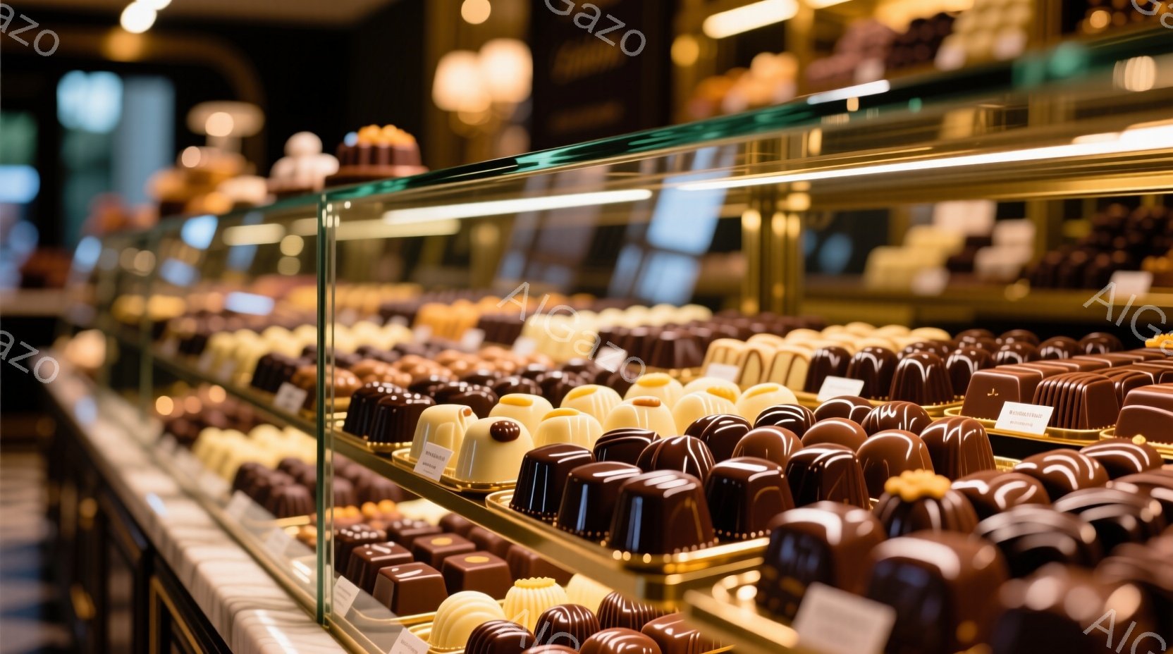 チョコレート専門店の一枚で、様々な種類のチョコレートが整然と並べられたショーケースが写っている。チョコレートは、明るい茶色から濃い茶色、そしてホワイトチョコレートまで、色とりどりで、それぞれ異なる形状をしている。背景はぼやけており、高級感のある雰囲気を醸し出している。
