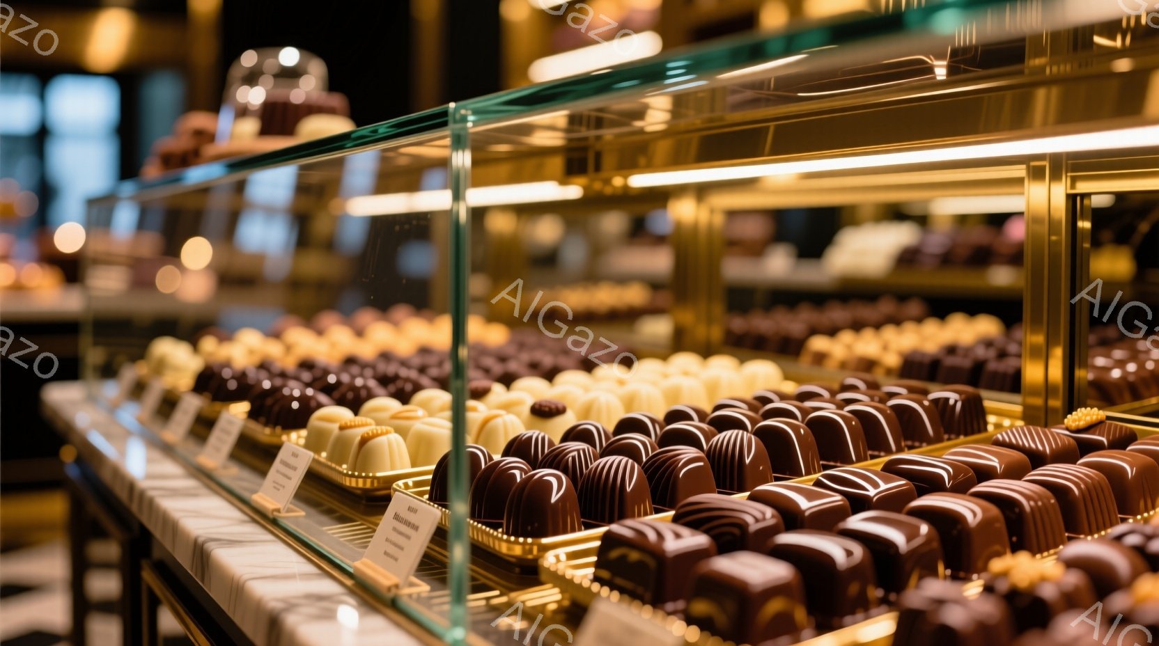 ショーケースの中に並べられた、様々なチョコレートの盛り合わせが印象的な画像です。チョコレートは、茶色、白、金色の美しい色合いで、それぞれ丁寧にデコレーションされています。背景はぼやけており、高級感のあ - AI生成フリー素材