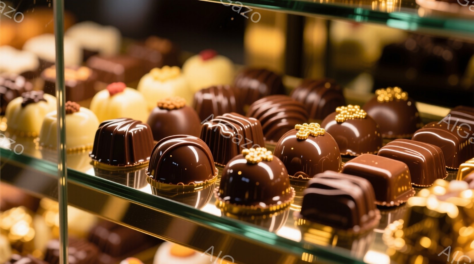 ガラスケースの中に、様々なチョコレート菓子が整然と並べられています。それらは、光沢のある茶色の外装と、上部に飾られた金色の小さな飾りで美しく装飾されています。背景はぼやけており、高級感のあるパティスリ - AI生成フリー素材