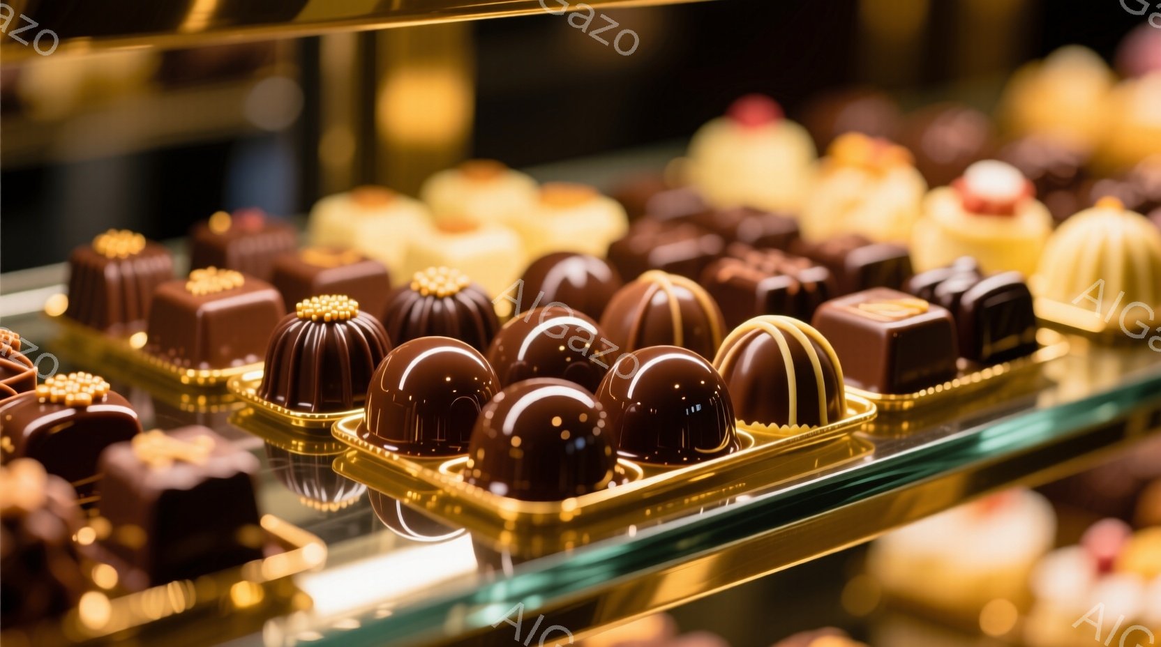 チョコレートの宝石箱のような光景で、様々な形状と光沢のあるチョコレート菓子が整然と並べられています。チョコレートは深みのある茶色から明るい茶色まで多様な色合いを持ち、一部には金色の装飾が施されています - AI生成フリー素材