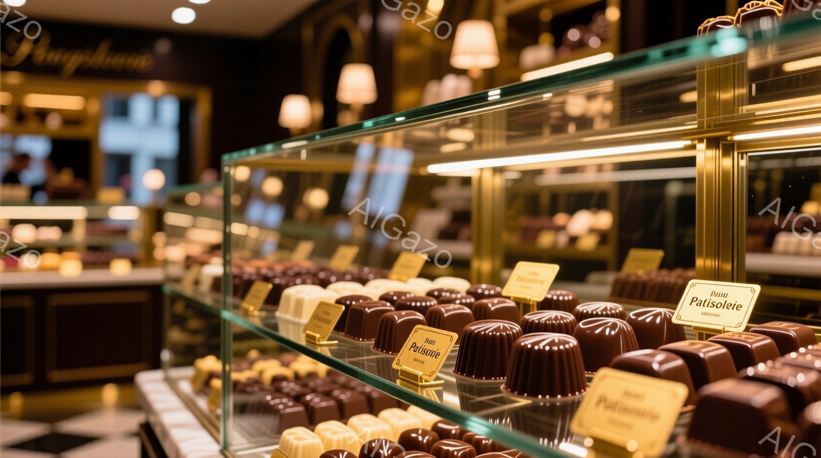 ショーケースの中に、様々なチョコレートが整然と並べられています。チョコレートは、明るい茶色から濃い茶色まで色合いが異なり、上品な輝きを放っています。背景にはぼんやりと店舗の内装が見え、高級感のある落ち着いた雰囲気が漂っています。