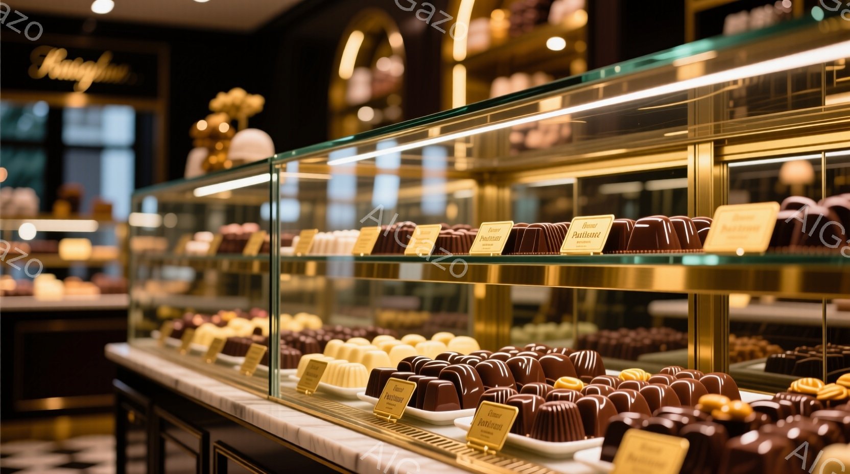ショーケースの中に整然と並べられたチョコレート菓子が印象的な画像です。様々な色と形をしたチョコレートは、まるで宝石のように輝き、上品な雰囲気を醸し出しています。背景には、高級感のある内装がぼんやりと見 - AI生成フリー素材