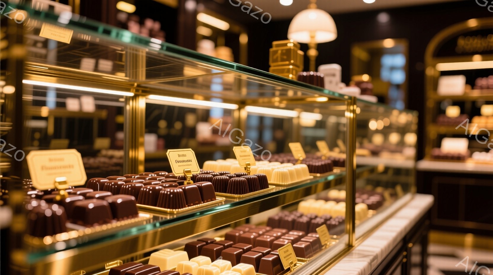 ショーケースの中に、様々なチョコレートが整然と並べられています。茶色、白、ゴールドの色合いが美しく、それぞれ異なる形のチョコレートが誘いをかけています。背景はぼやけており、高級感のあるパティスリーまたはチョコレート店の内部であることが推測されます。