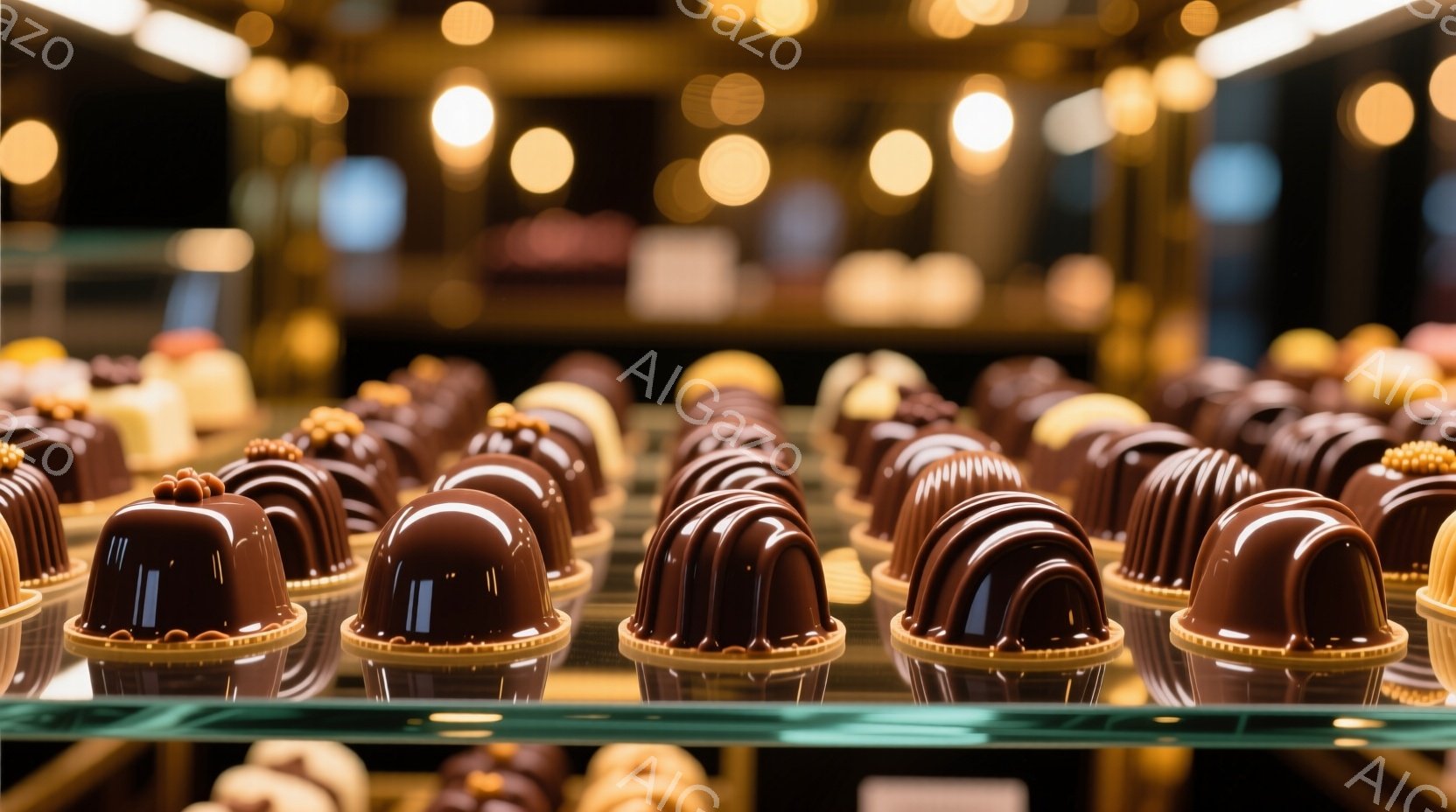 画像には、整然と並べられたチョコレートのムースが多数写っています。それらは光沢のある茶色のグレーズで覆われ、金色の台座の上に置かれています。背景はぼかされており、温かく柔らかな光がムースを照らし、洗練されたデザートの雰囲気を醸し出しています。